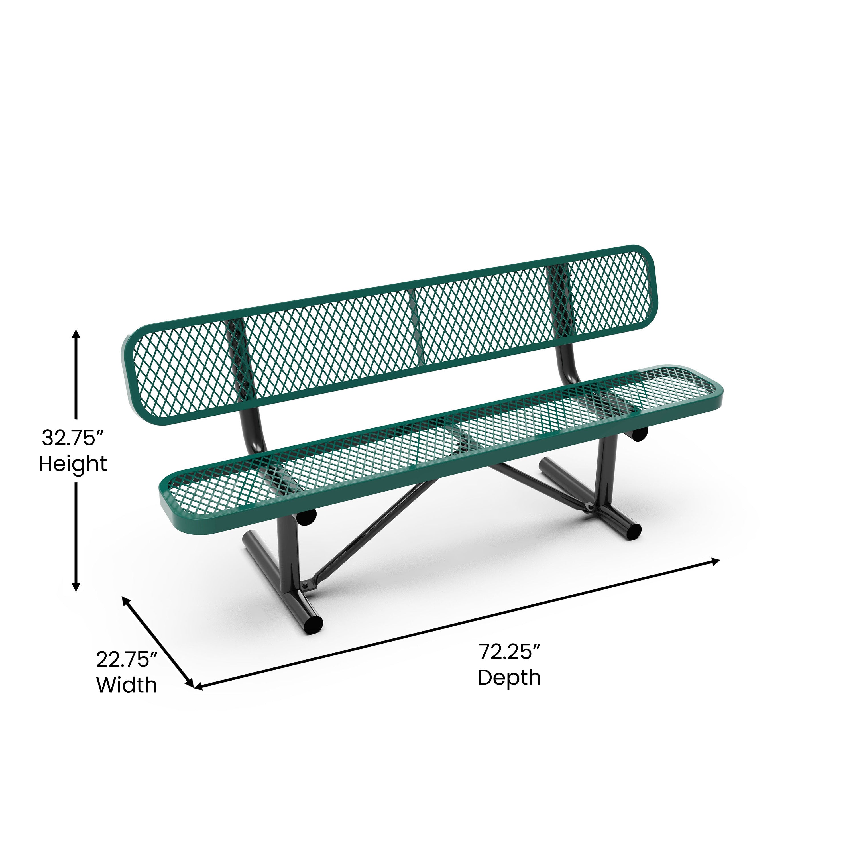 Sigrid 6' Outdoor Bench with Backrest, Commercial Grade Green Expanded Metal Mesh Seat and Backrest and Black Steel Frame