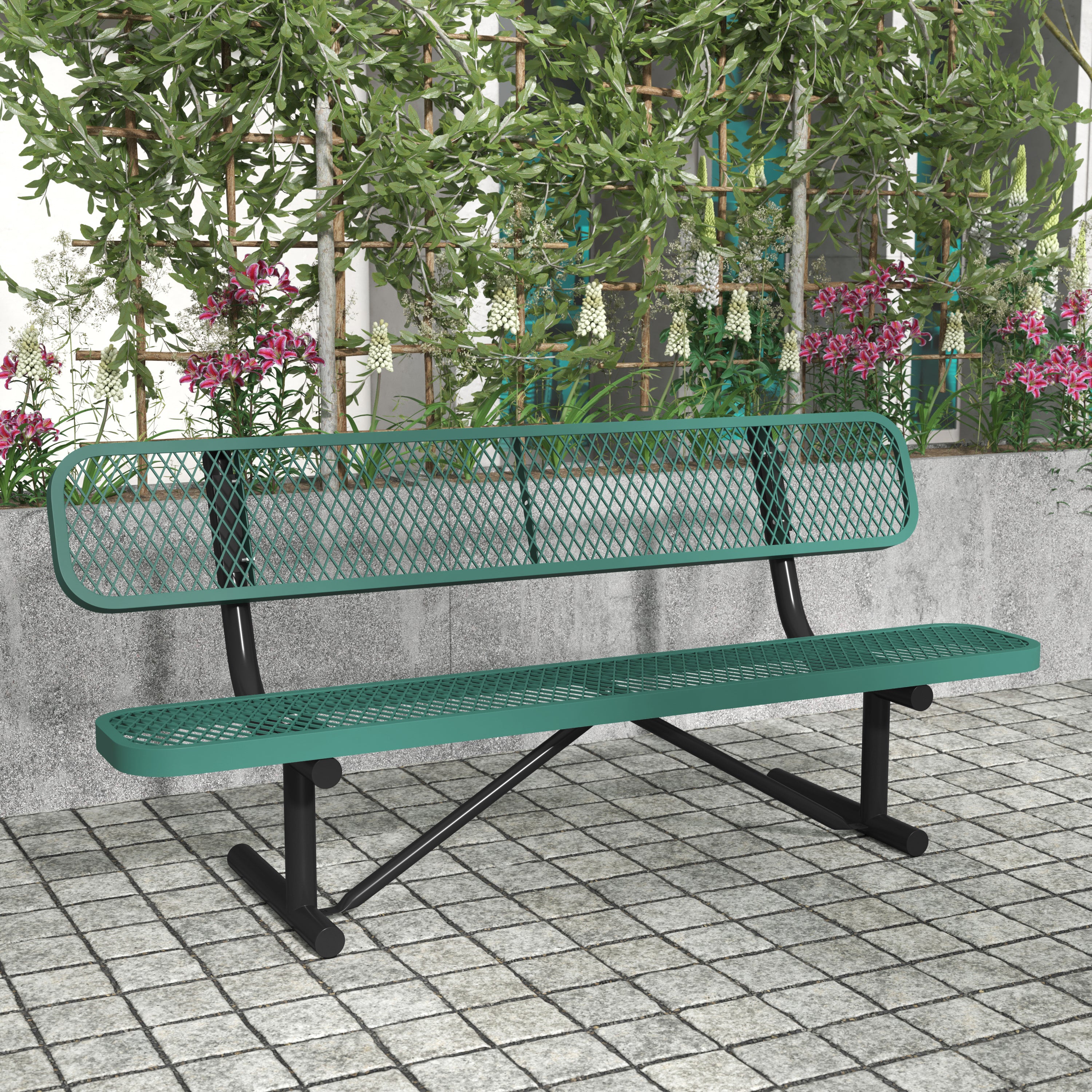 Sigrid 6' Outdoor Bench with Backrest, Commercial Grade Green Expanded Metal Mesh Seat and Backrest and Black Steel Frame