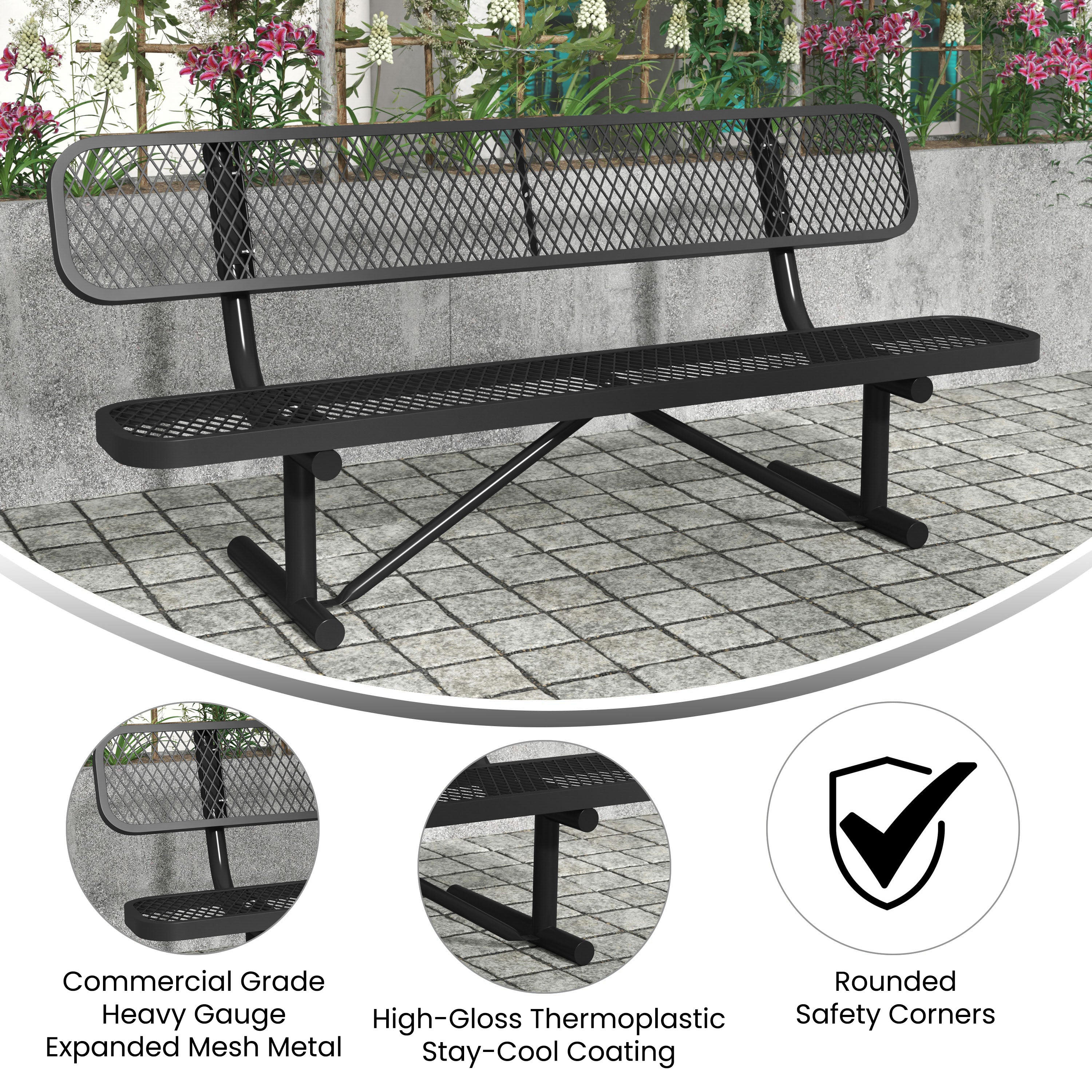 Sigrid 6' Outdoor Bench with Backrest, Commercial Grade Expanded Metal Mesh Seat and Backrest and Steel Frame in Black with Anchors