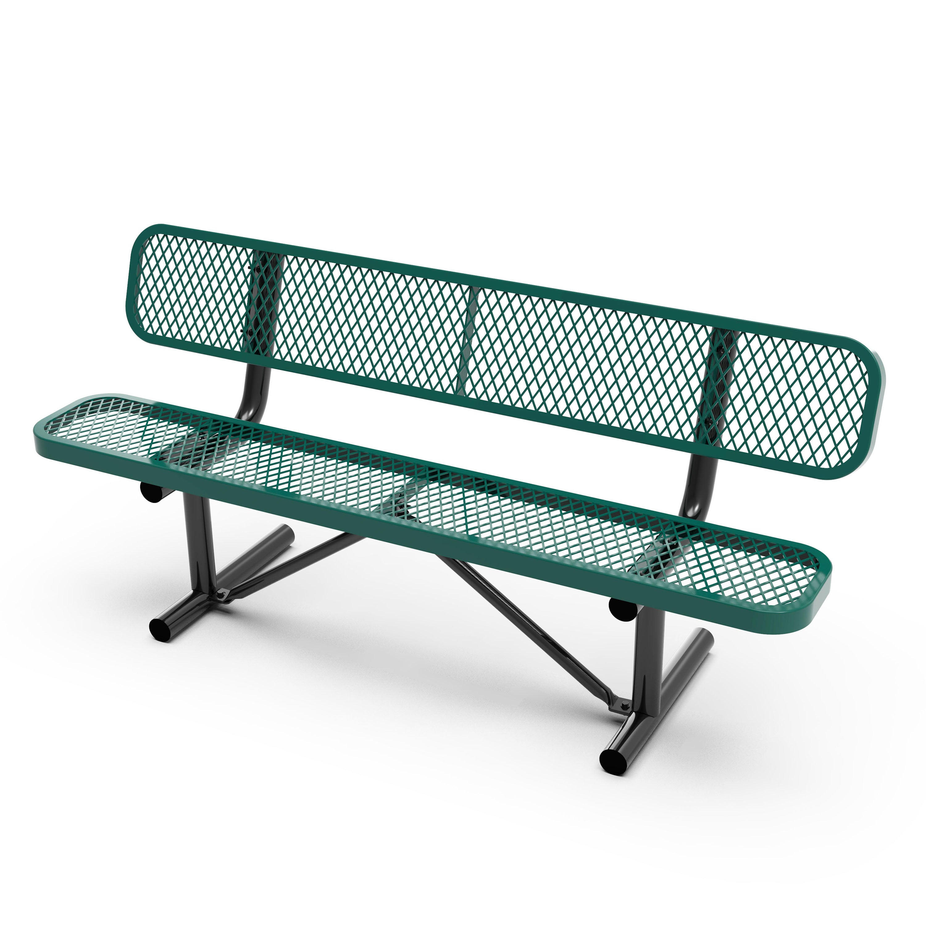 Sigrid 6' Outdoor Bench with Backrest, Commercial Grade Green Expanded Metal Mesh Seat and Backrest and Black Steel Frame with Anchors