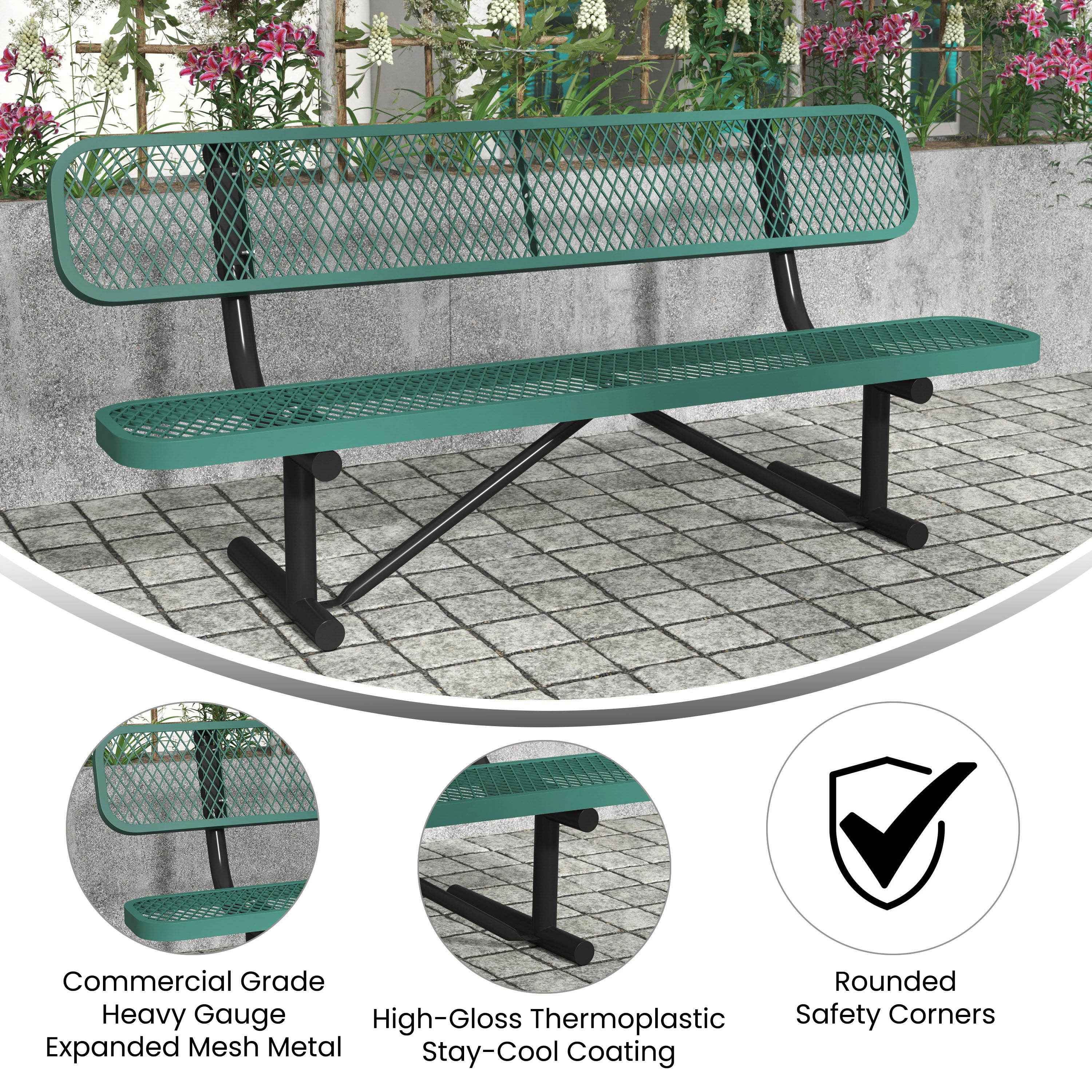 Sigrid 6' Outdoor Bench with Backrest, Commercial Grade Green Expanded Metal Mesh Seat and Backrest and Black Steel Frame with Anchors