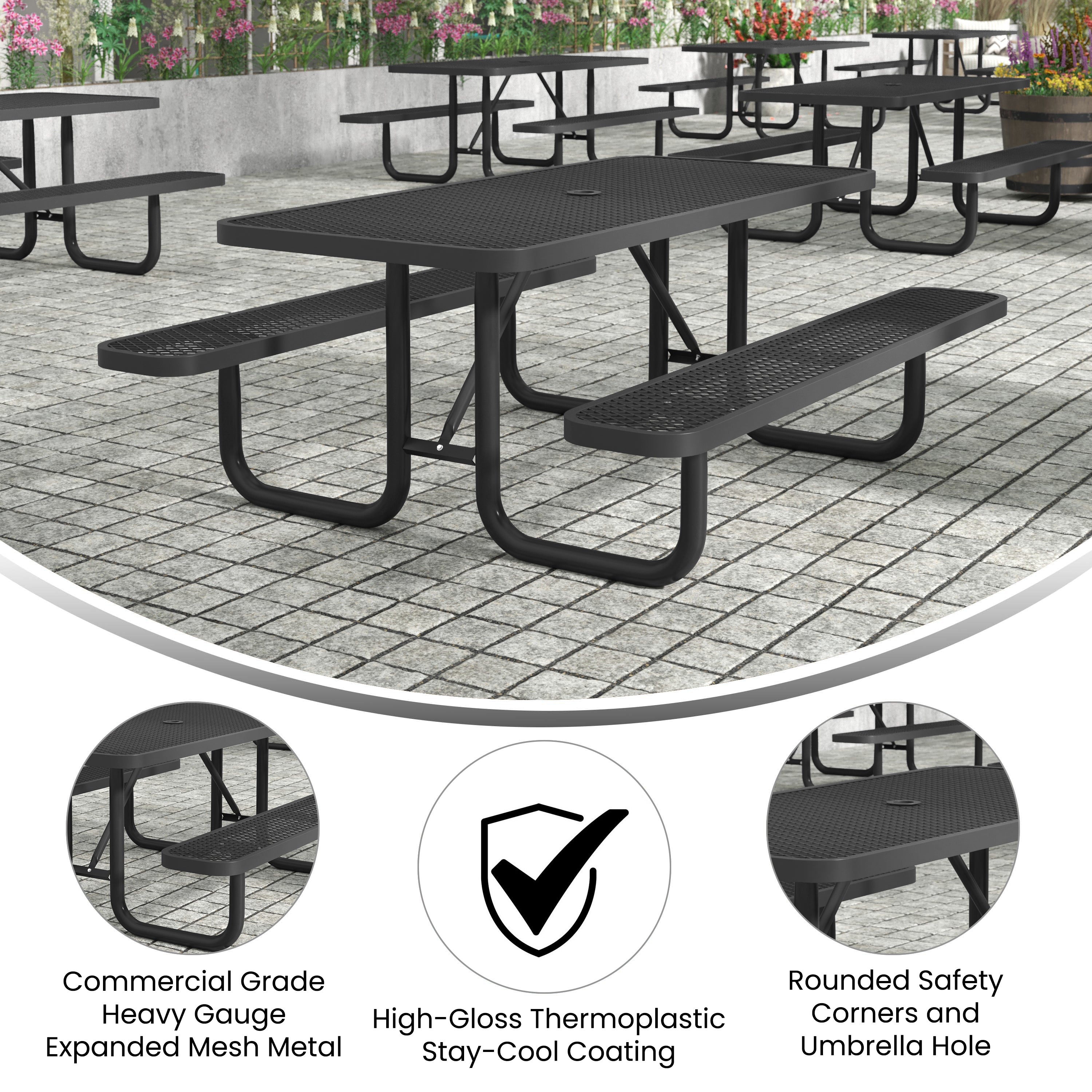 Mantilla 6' Rectangular Outdoor Picnic Table with Commercial Heavy Gauge Expanded Metal Mesh Top and Seats and Steel Frame in Black