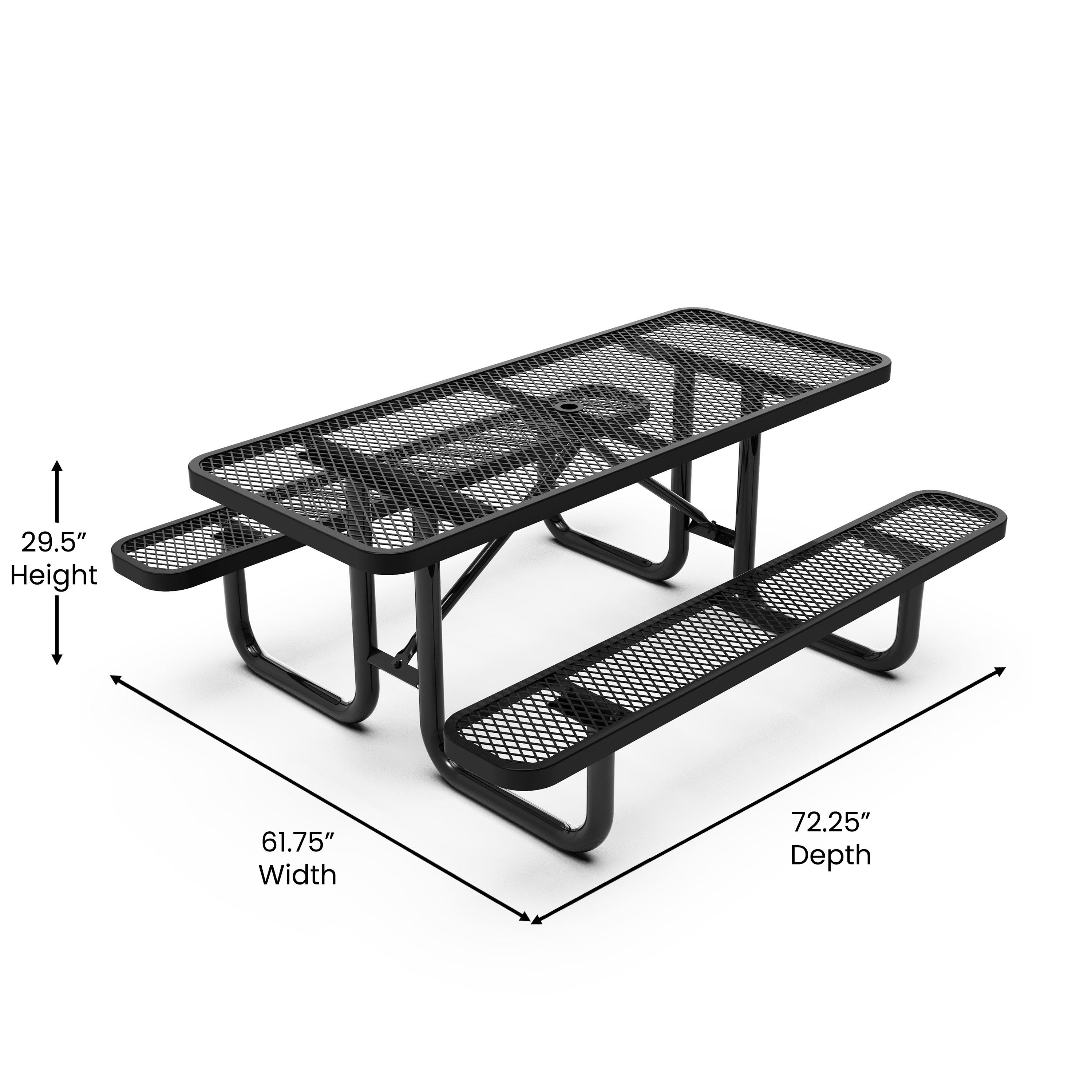 Mantilla 6' Rectangular Outdoor Picnic Table with Commercial Heavy Gauge Expanded Metal Mesh Top and Seats and Steel Frame in Black