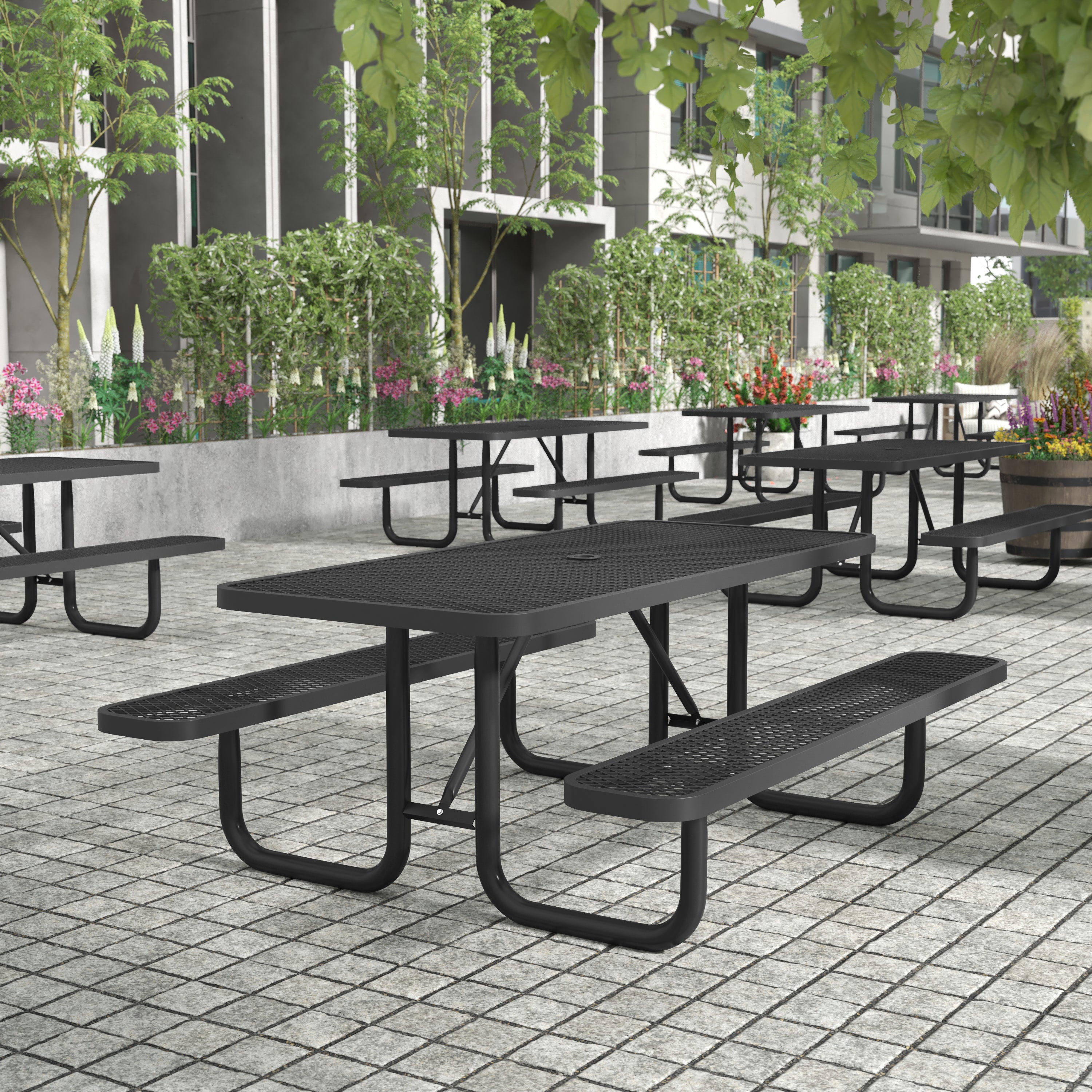 Mantilla 6' Rectangular Outdoor Picnic Table with Commercial Heavy Gauge Expanded Metal Mesh Top and Seats and Steel Frame in Black