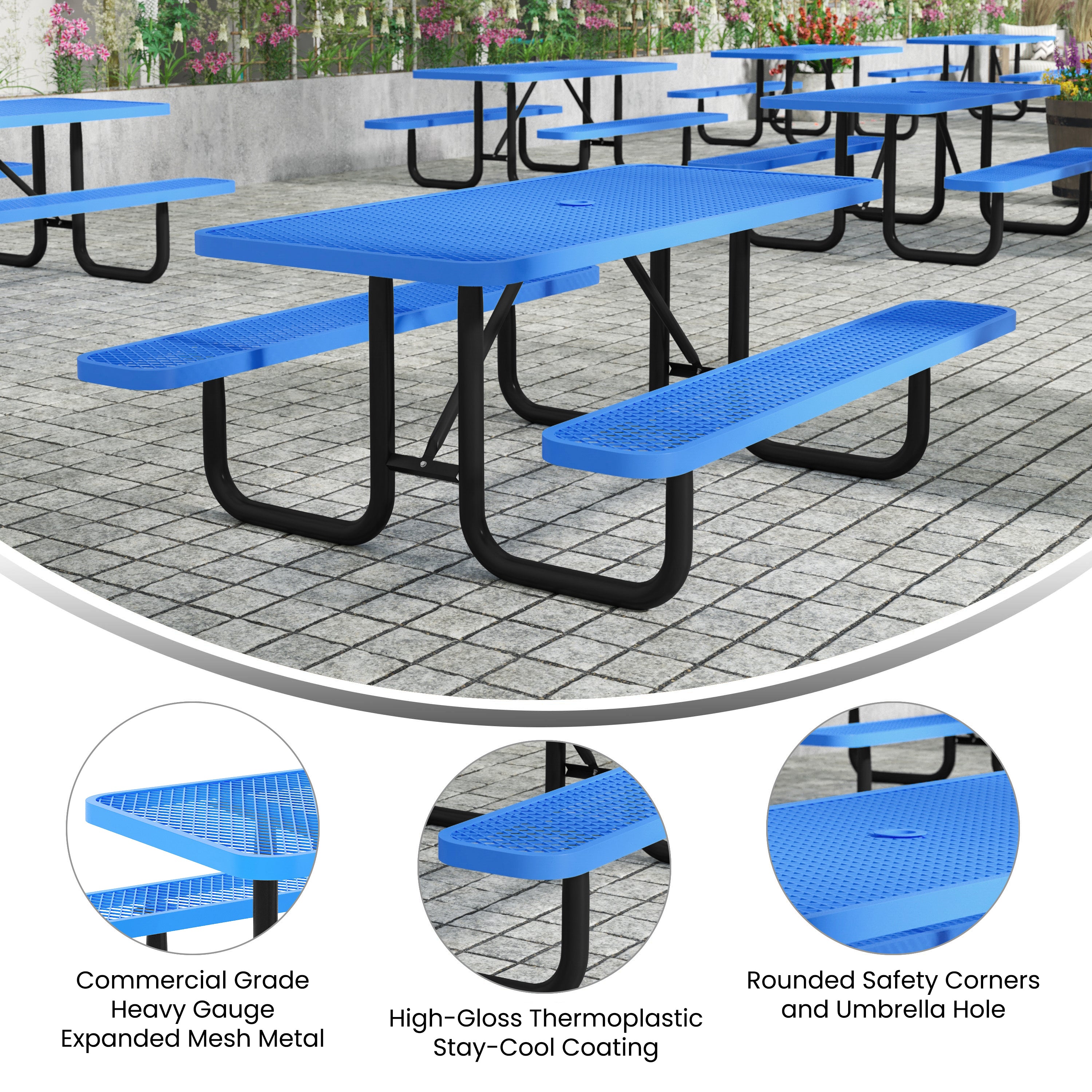 Mantilla 6' Rectangular Outdoor Picnic Table with Commercial Heavy Gauge Expanded Metal Mesh Top and Seats and Steel Frame in Blue