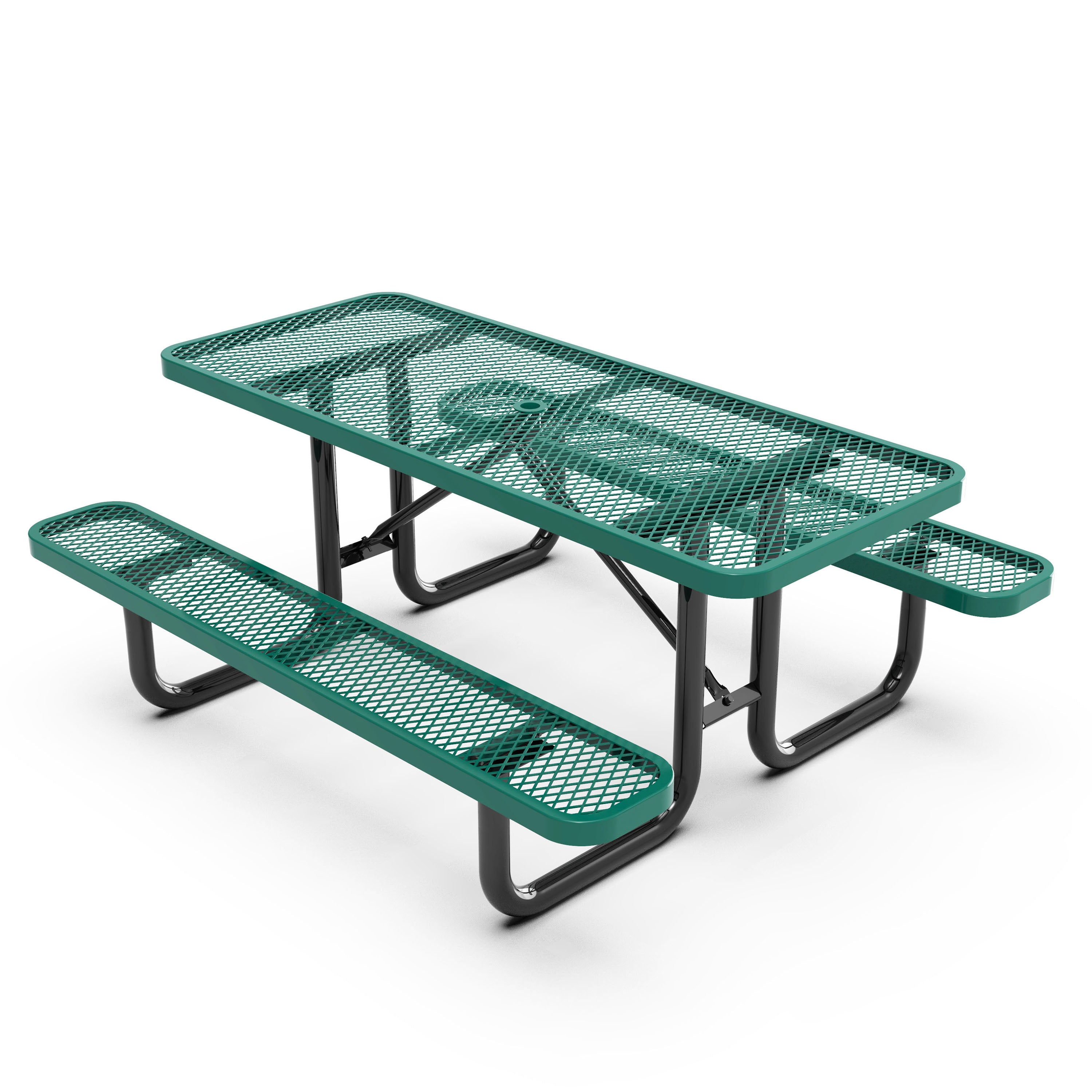 Mantilla 6' Rectangular Outdoor Picnic Table with Commercial Heavy Gauge Green Expanded Metal Mesh Top and Seats and Black Steel Frame