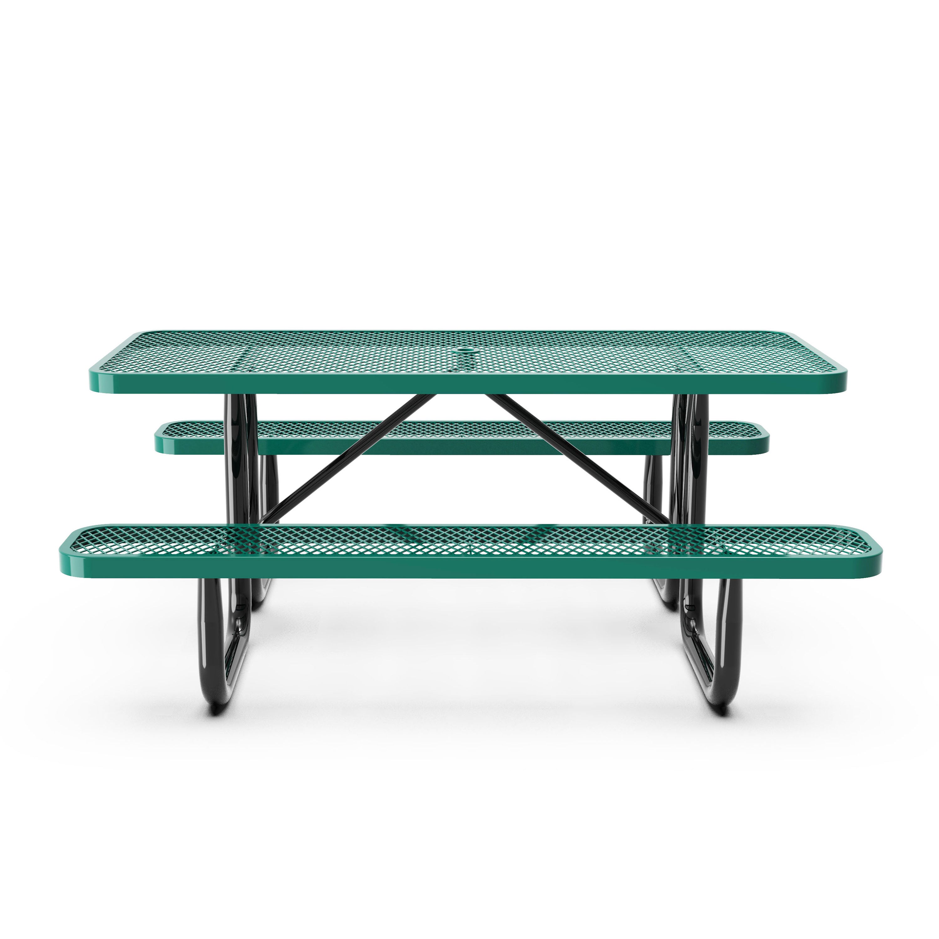 Mantilla 6' Rectangular Outdoor Picnic Table with Commercial Heavy Gauge Green Expanded Metal Mesh Top and Seats and Black Steel Frame