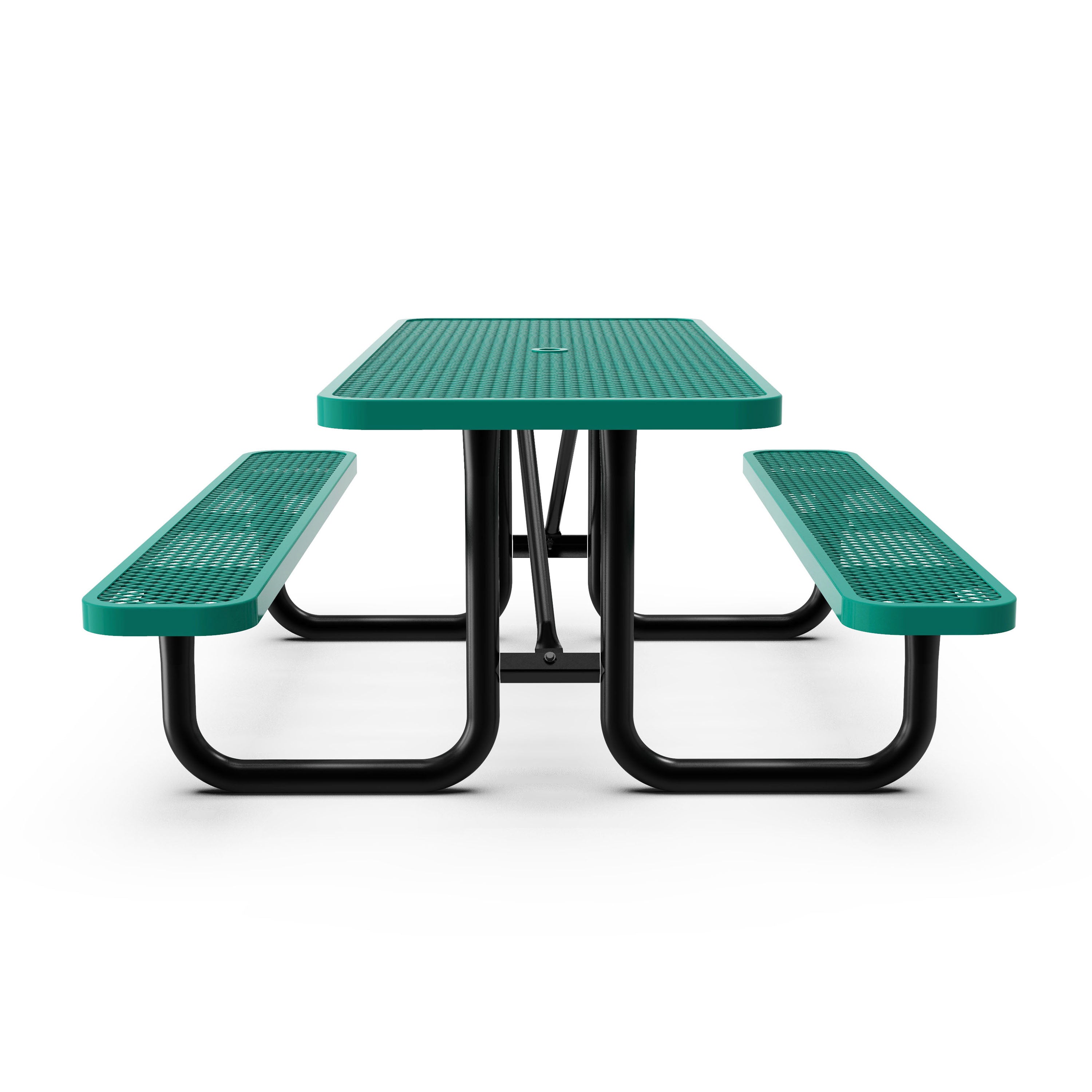 Mantilla 6' Rectangular Outdoor Picnic Table with Commercial Heavy Gauge Green Expanded Metal Mesh Top and Seats and Black Steel Frame