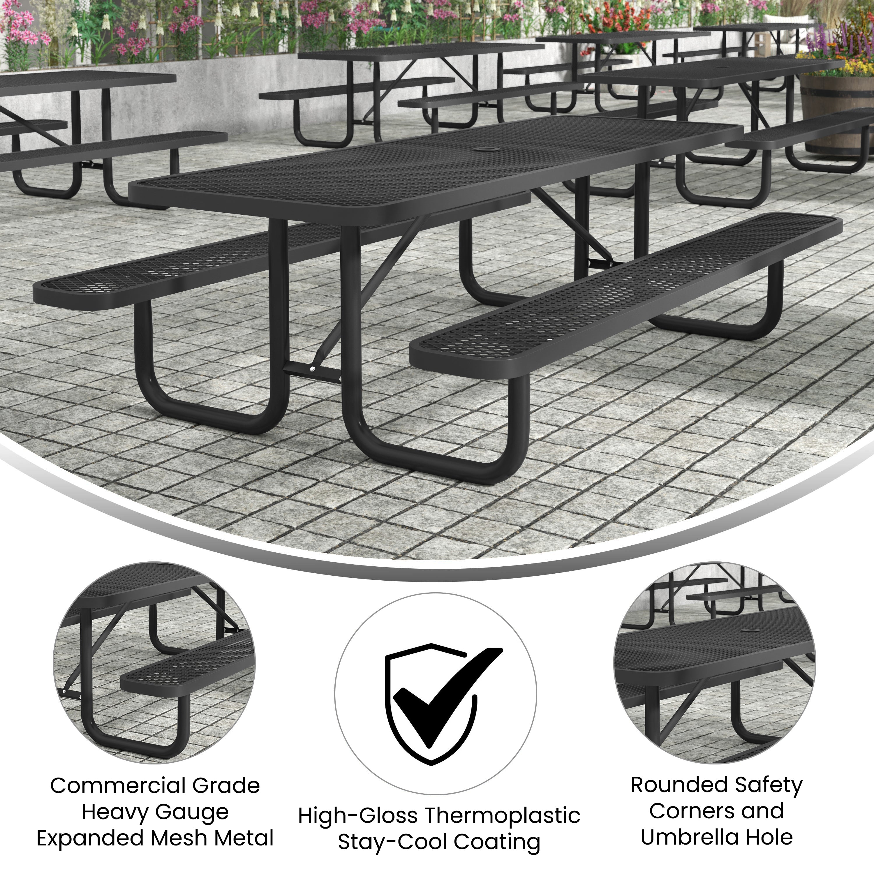 Mantilla 8' Rectangular Outdoor Picnic Table with Commercial Heavy Gauge Expanded Metal Mesh Top and Seats and Steel Frame in Black