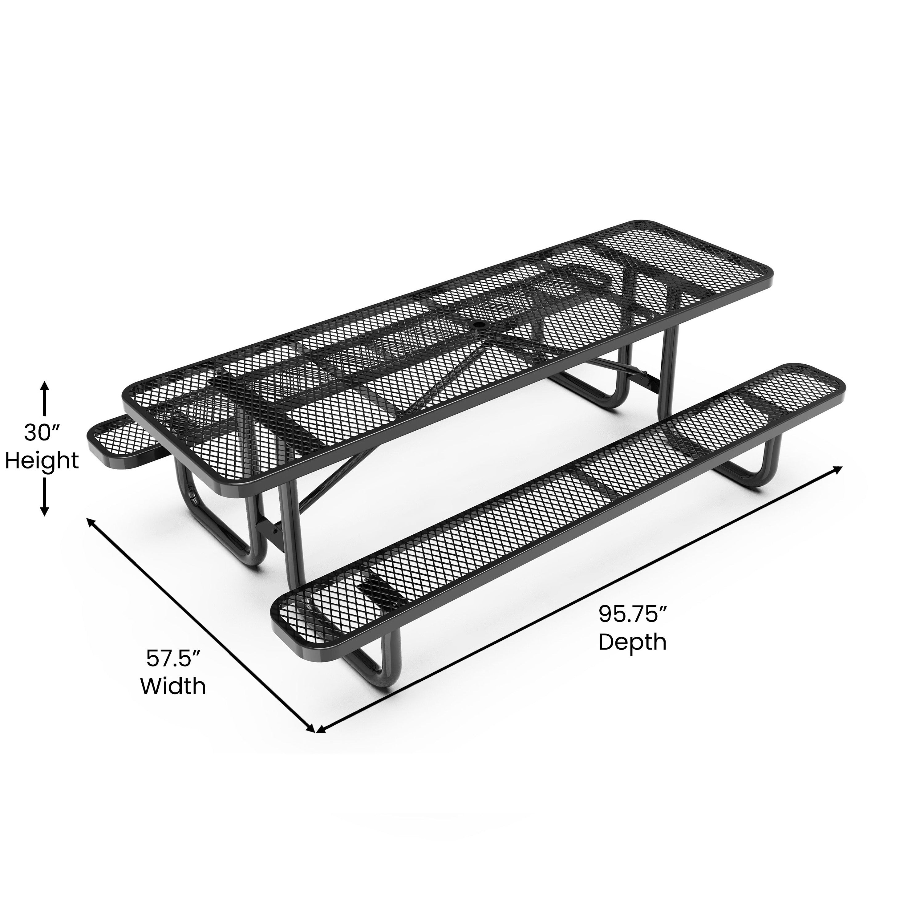 Mantilla 8' Rectangular Outdoor Picnic Table with Commercial Heavy Gauge Expanded Metal Mesh Top and Seats and Steel Frame in Black
