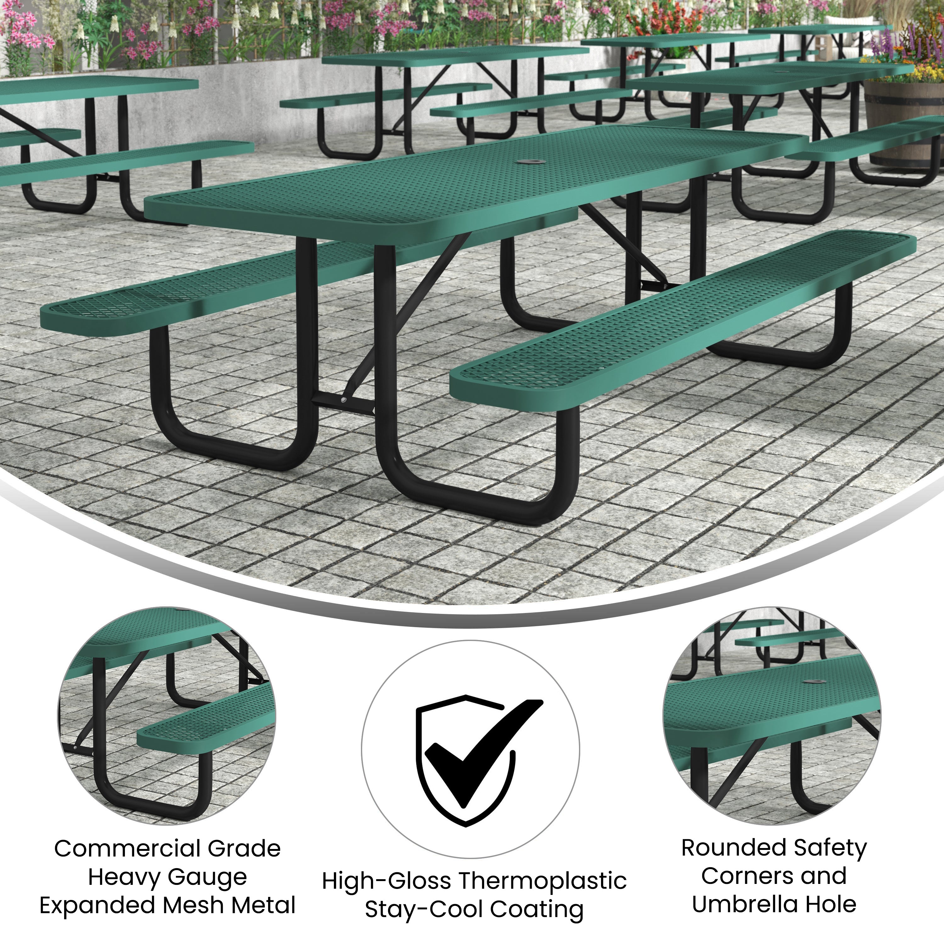 Mantilla 8' Rectangular Outdoor Picnic Table with Commercial Heavy Gauge Green Expanded Metal Mesh Top and Seats and Black Steel Frame