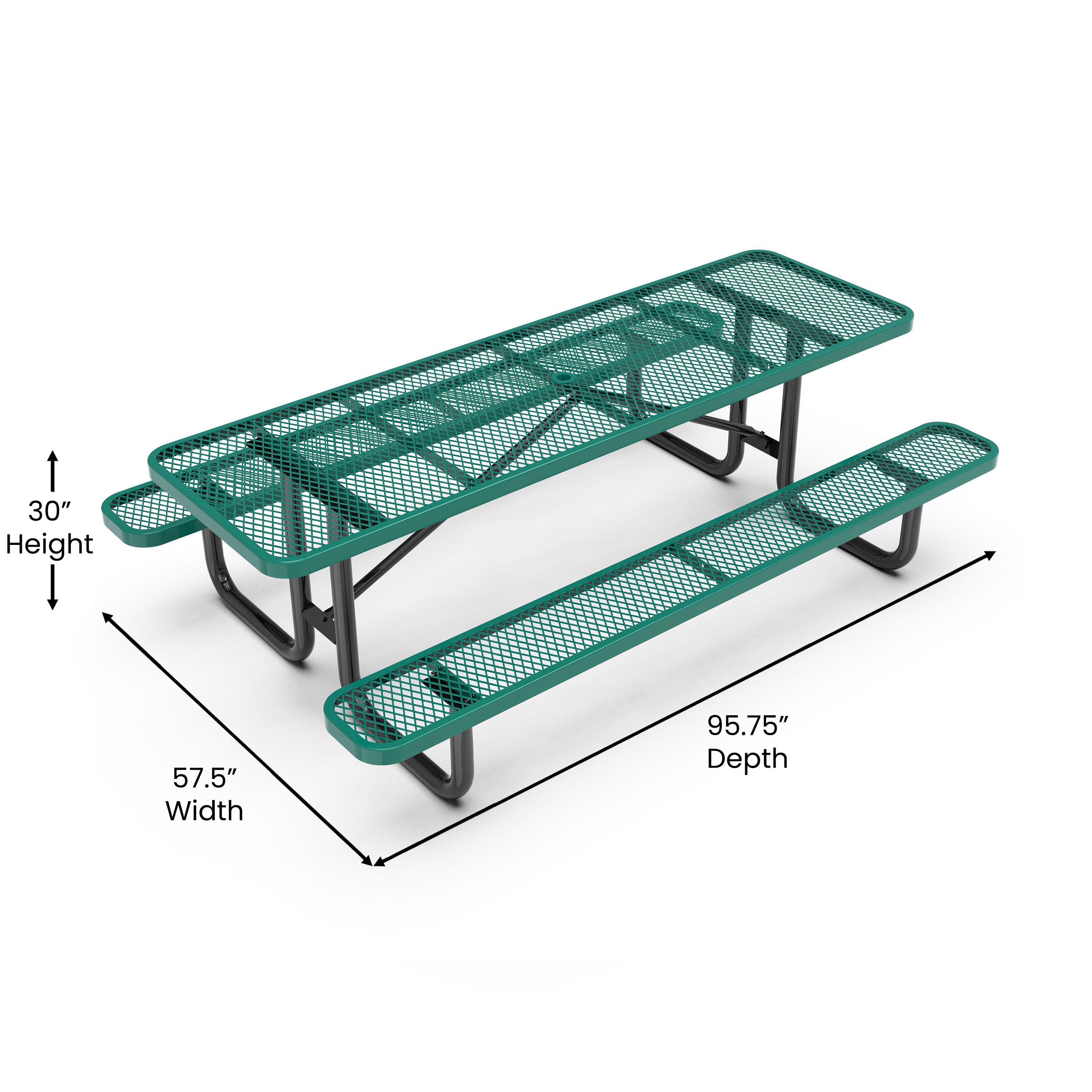 Mantilla 8' Rectangular Outdoor Picnic Table with Commercial Heavy Gauge Green Expanded Metal Mesh Top and Seats and Black Steel Frame