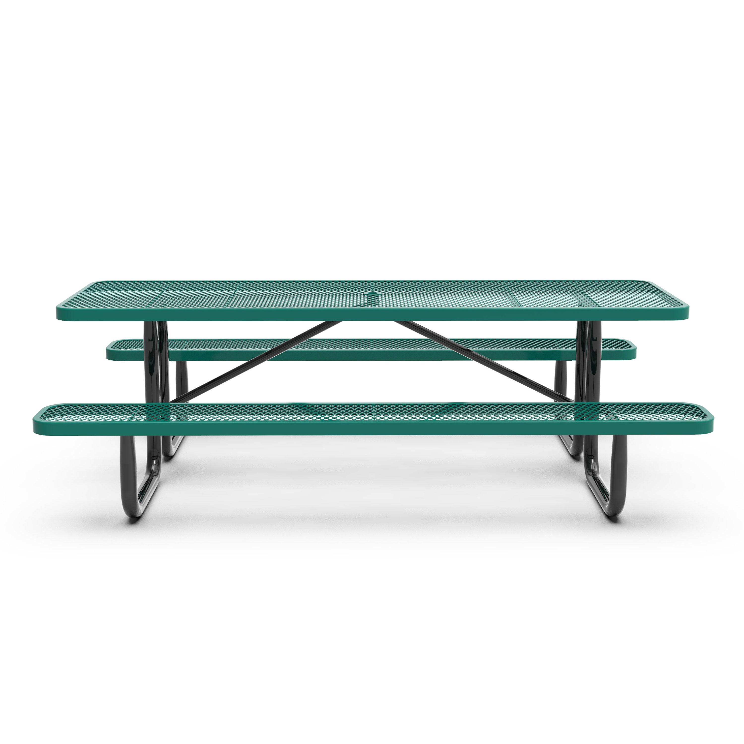 Mantilla 8' Rectangular Outdoor Picnic Table with Commercial Heavy Gauge Green Expanded Metal Mesh Top and Seats and Black Steel Frame