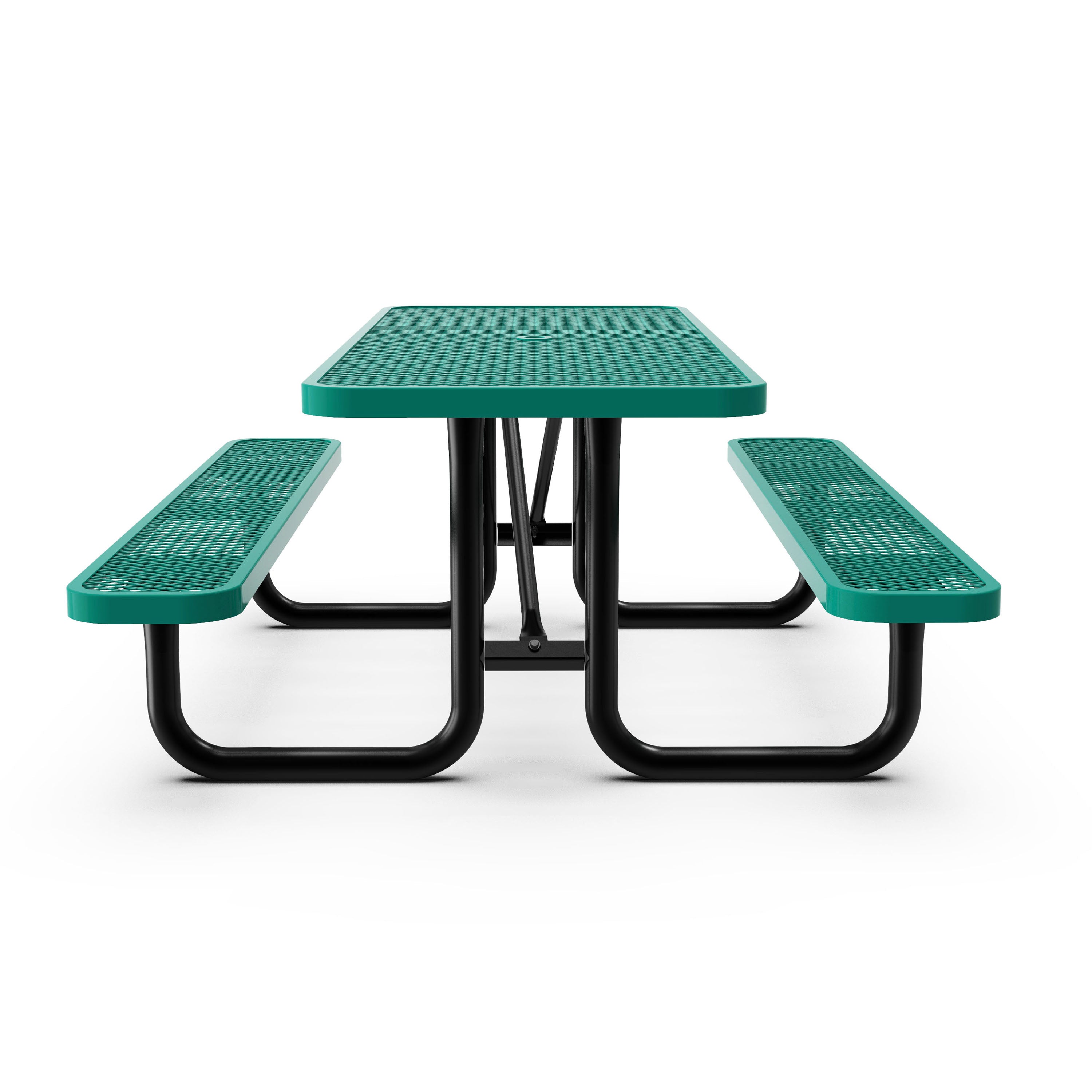Mantilla 8' Rectangular Outdoor Picnic Table with Commercial Heavy Gauge Green Expanded Metal Mesh Top and Seats and Black Steel Frame