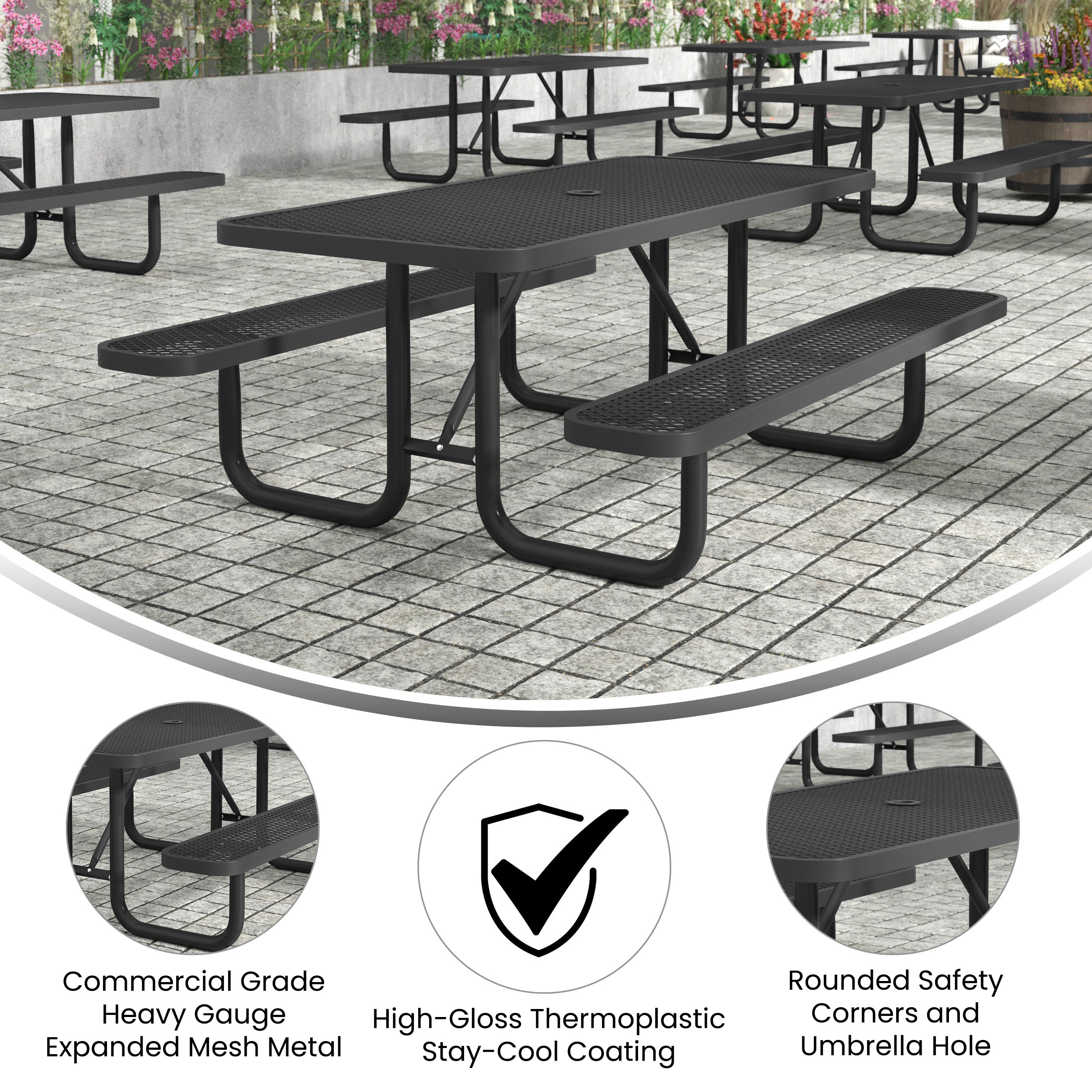 Mantilla 6' Rectangular Outdoor Picnic Table with Commercial Heavy Gauge Expanded Metal Mesh Top and Seats and Steel Frame in Black with Anchors