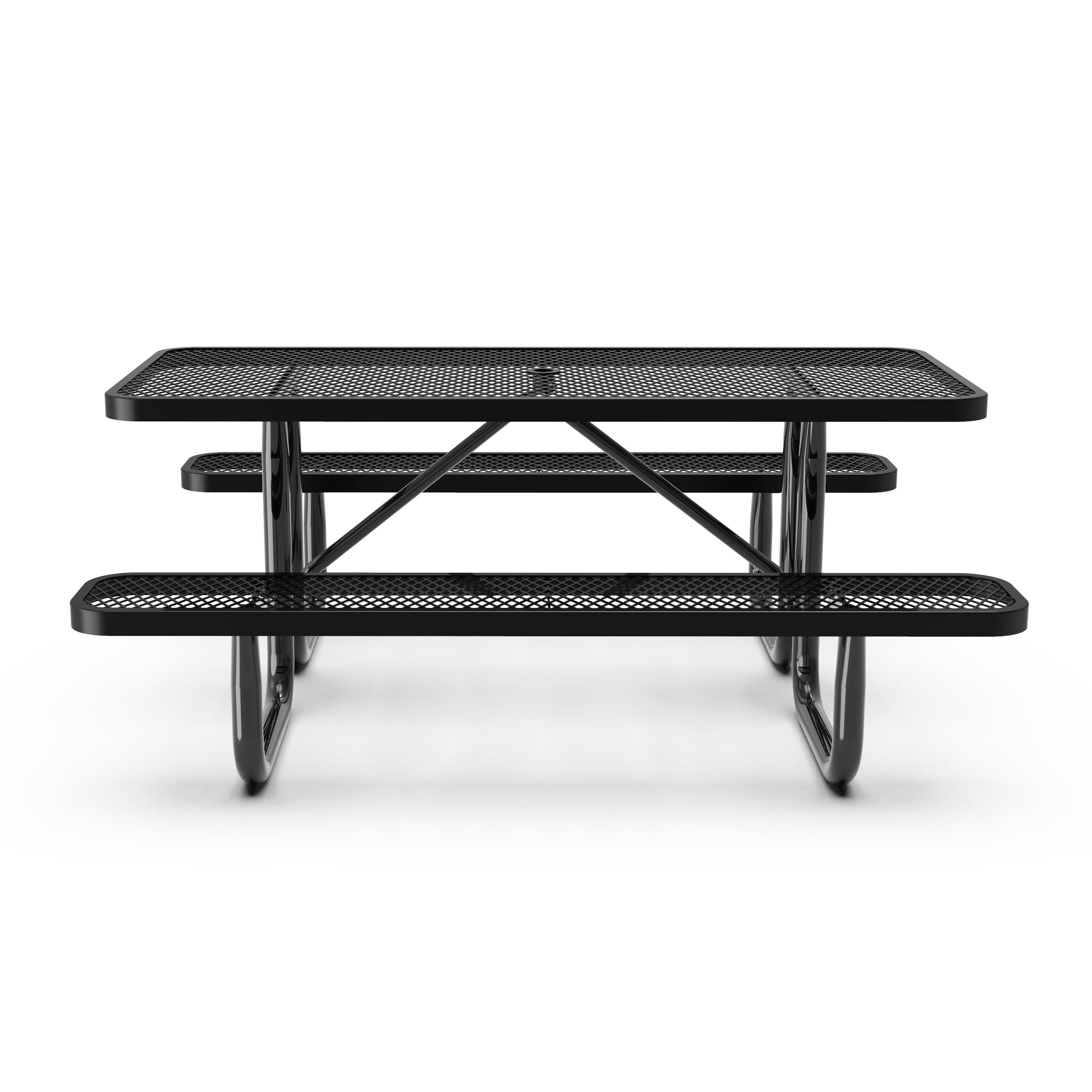 Mantilla 6' Rectangular Outdoor Picnic Table with Commercial Heavy Gauge Expanded Metal Mesh Top and Seats and Steel Frame in Black with Anchors