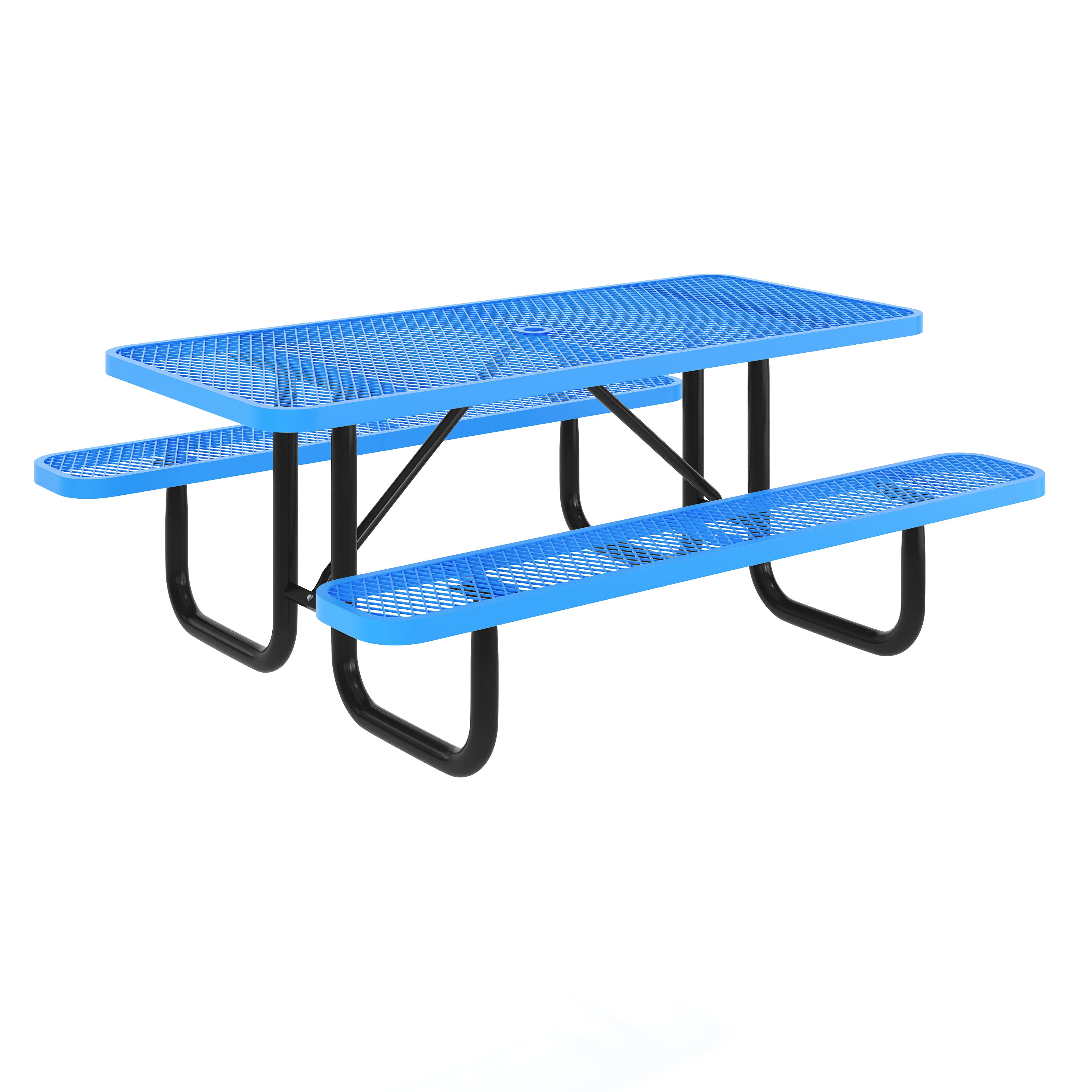 Mantilla 6' Rectangular Outdoor Picnic Table with Commercial Heavy Gauge Expanded Metal Mesh Top and Seats and Steel Frame with Ground Anchors in Blue