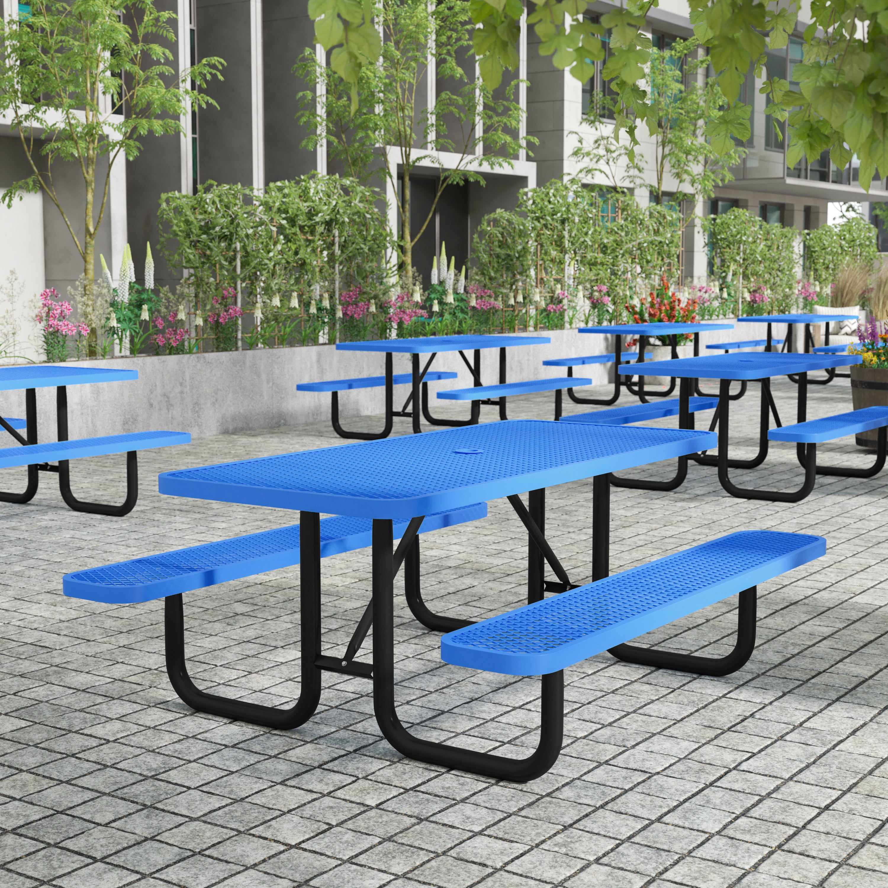 Mantilla 6' Rectangular Outdoor Picnic Table with Commercial Heavy Gauge Expanded Metal Mesh Top and Seats and Steel Frame with Ground Anchors in Blue