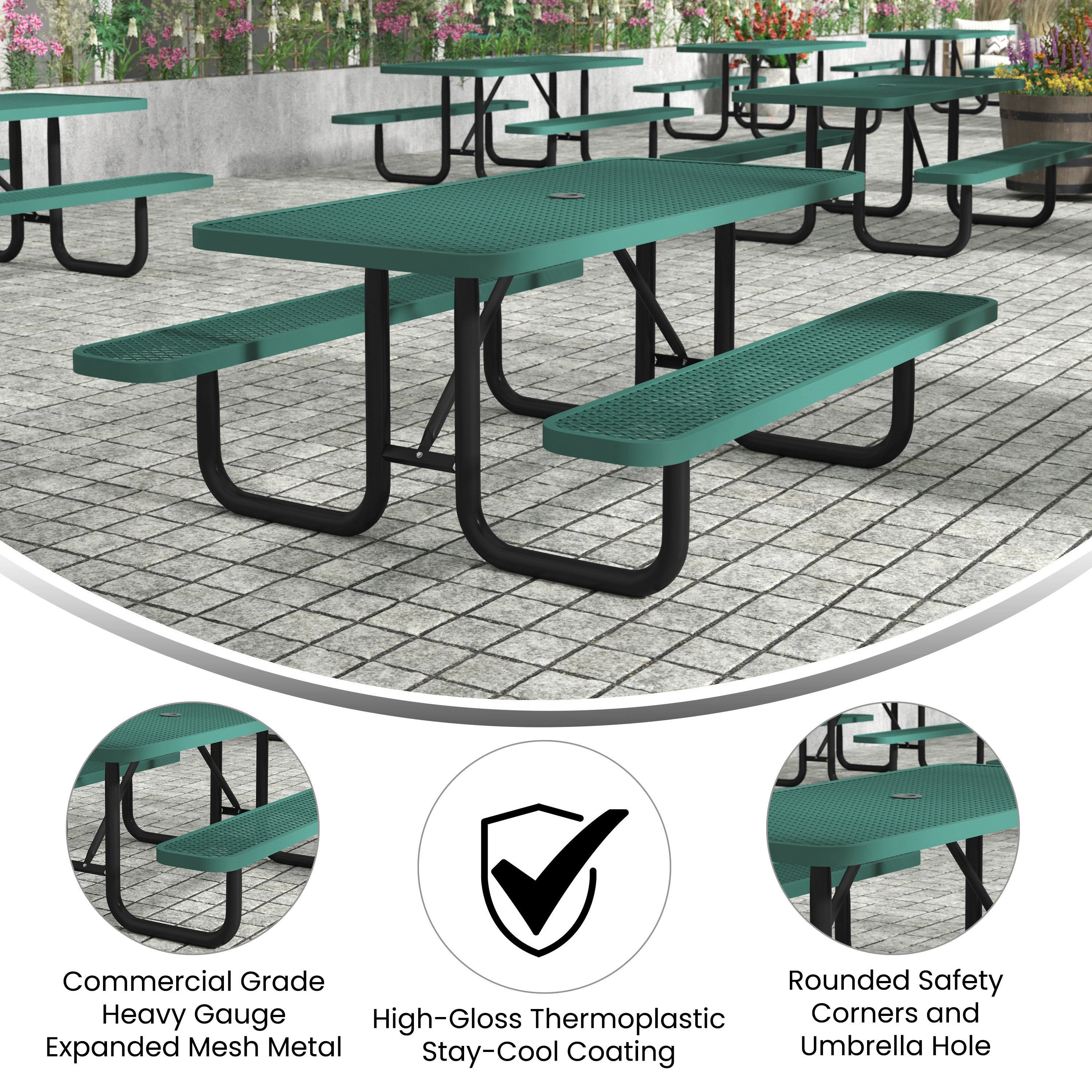 Mantilla 6' Rectangular Outdoor Picnic Table with Commercial Heavy Gauge Green Expanded Metal Mesh Top and Seats and Black Steel Frame with Anchors