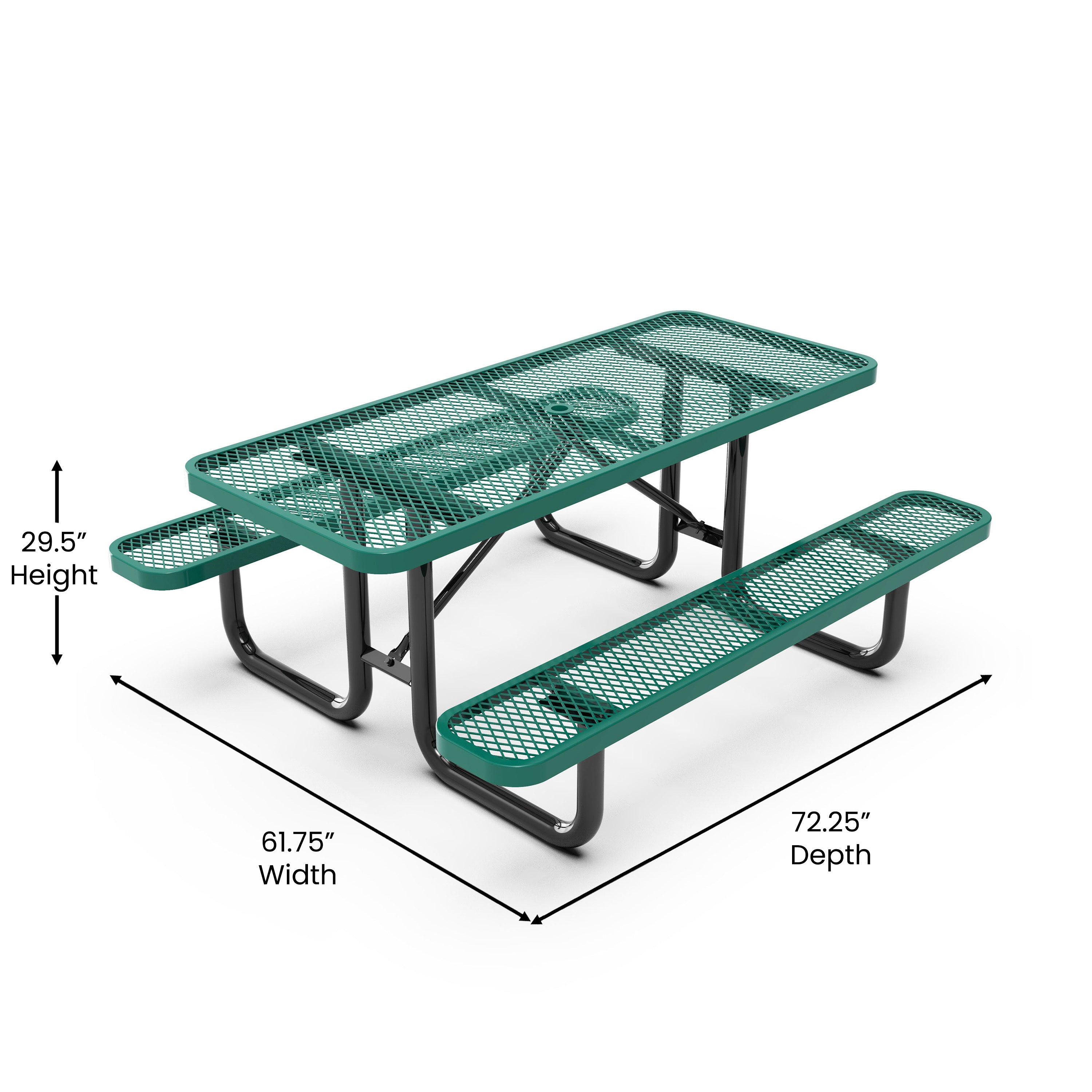 Mantilla 6' Rectangular Outdoor Picnic Table with Commercial Heavy Gauge Green Expanded Metal Mesh Top and Seats and Black Steel Frame with Anchors