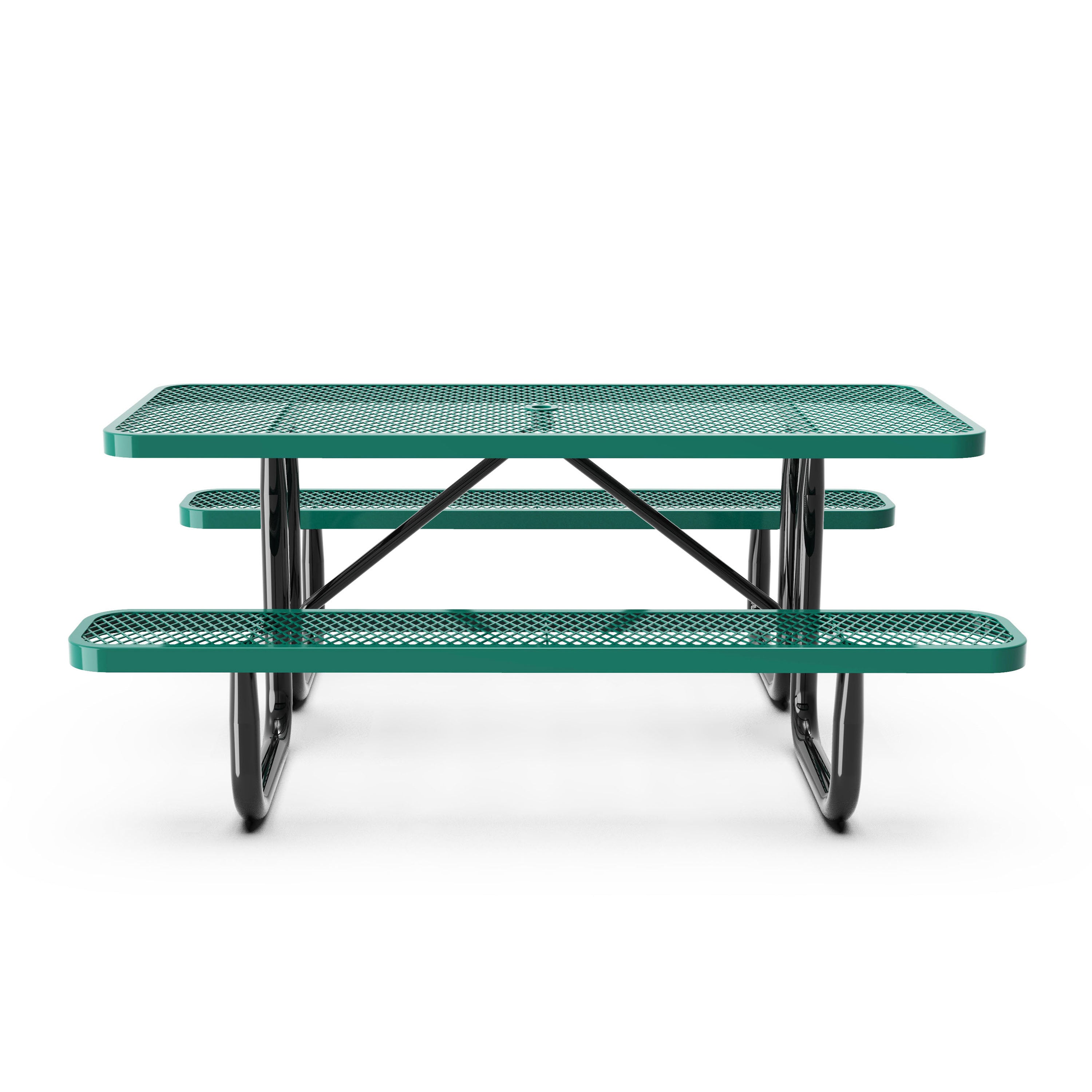 Mantilla 6' Rectangular Outdoor Picnic Table with Commercial Heavy Gauge Green Expanded Metal Mesh Top and Seats and Black Steel Frame with Anchors