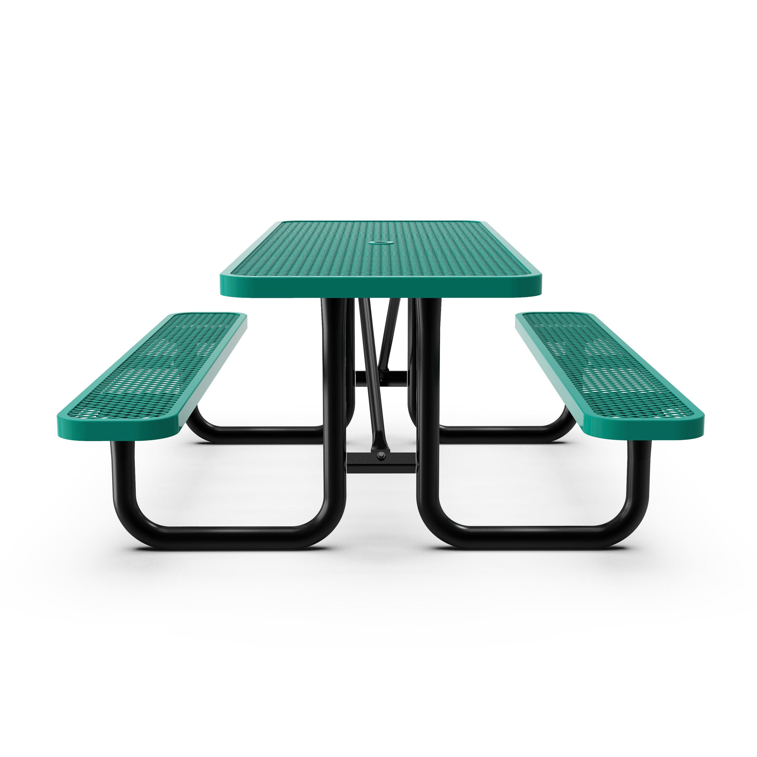 Mantilla 6' Rectangular Outdoor Picnic Table with Commercial Heavy Gauge Green Expanded Metal Mesh Top and Seats and Black Steel Frame with Anchors