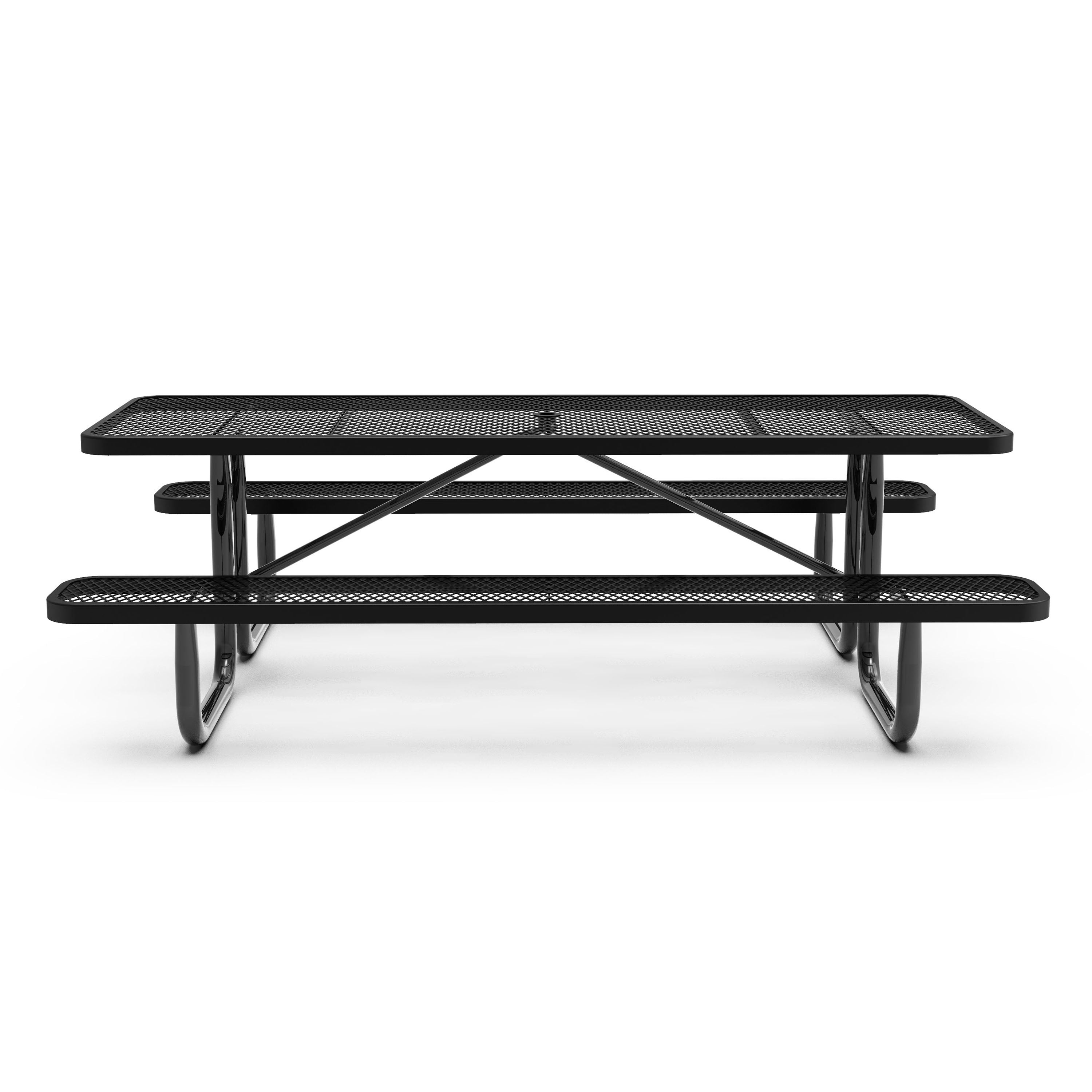 Mantilla 8' Rectangular Outdoor Picnic Table with Commercial Heavy Gauge Expanded Metal Mesh Top and Seats and Steel Frame in Black with Anchors