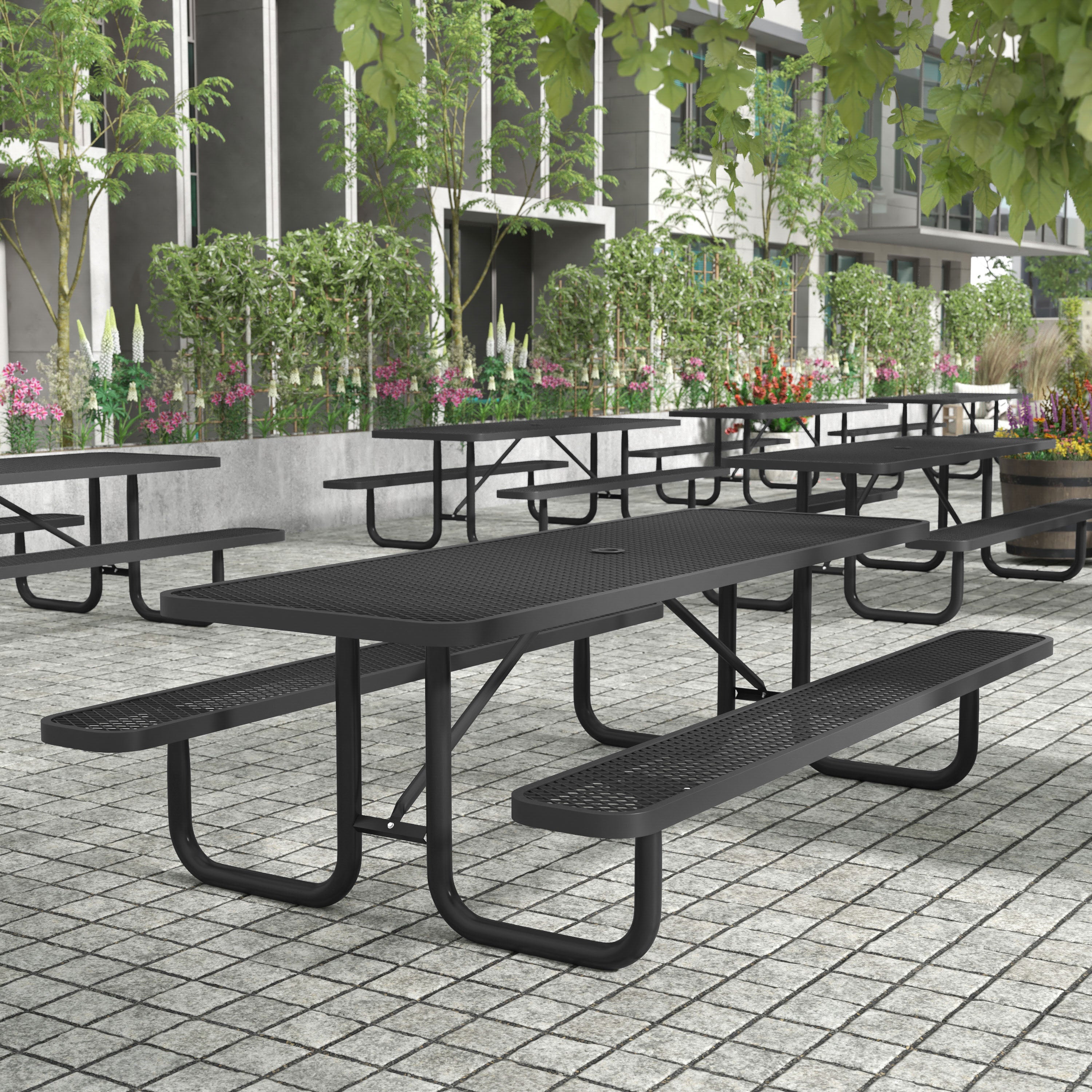 Mantilla 8' Rectangular Outdoor Picnic Table with Commercial Heavy Gauge Expanded Metal Mesh Top and Seats and Steel Frame in Black with Anchors
