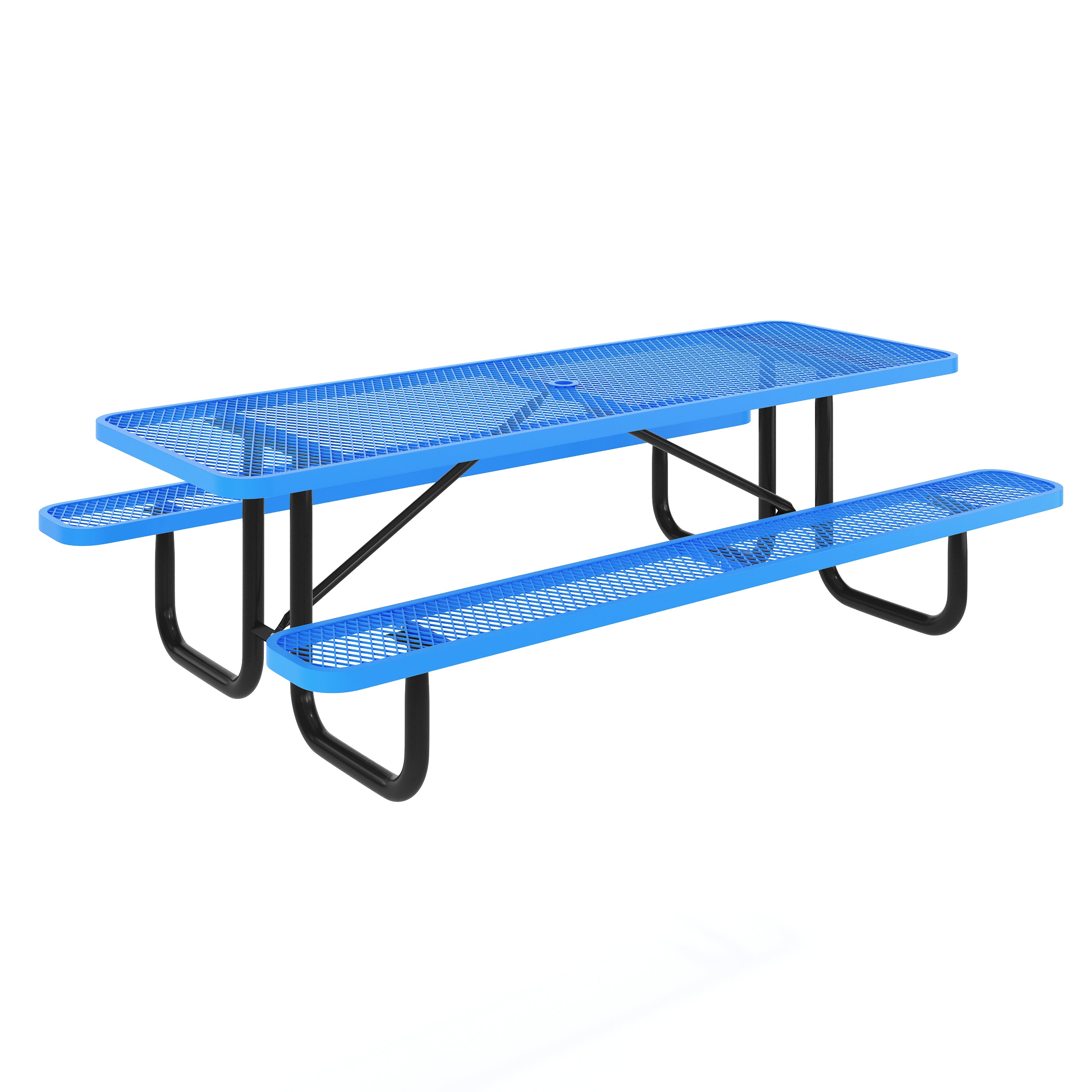 Mantilla 8' Rectangular Outdoor Picnic Table with Commercial Heavy Gauge Expanded Metal Mesh Top and Seats and Steel Frame with Ground Anchors in Blue
