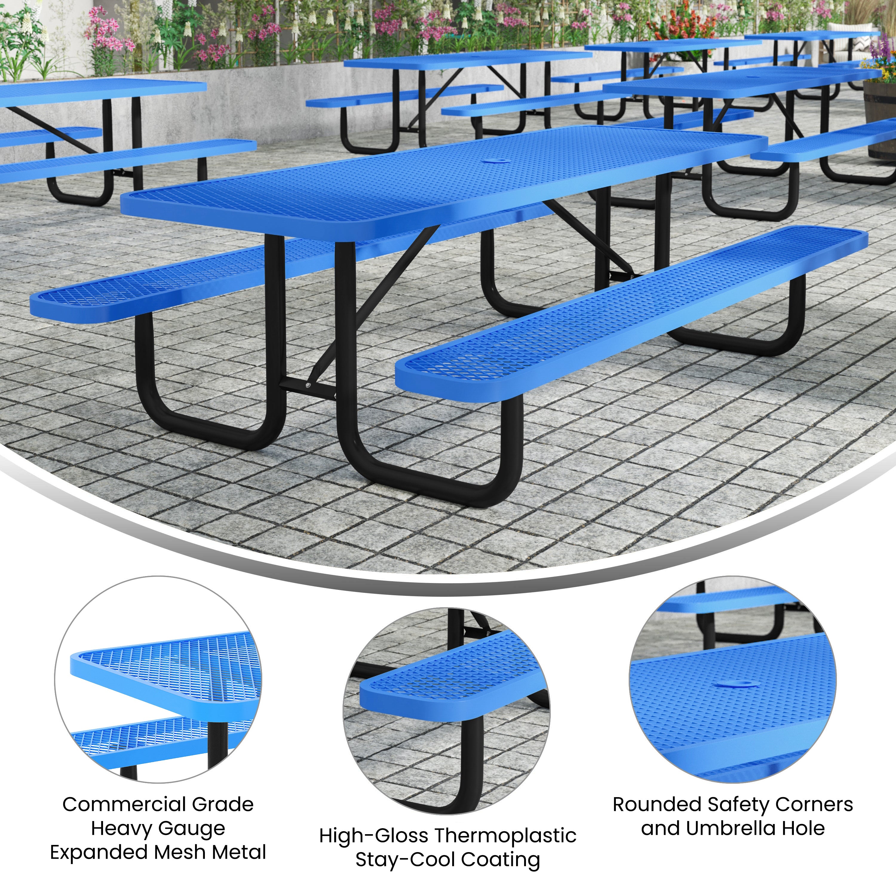 Mantilla 8' Rectangular Outdoor Picnic Table with Commercial Heavy Gauge Expanded Metal Mesh Top and Seats and Steel Frame with Ground Anchors in Blue