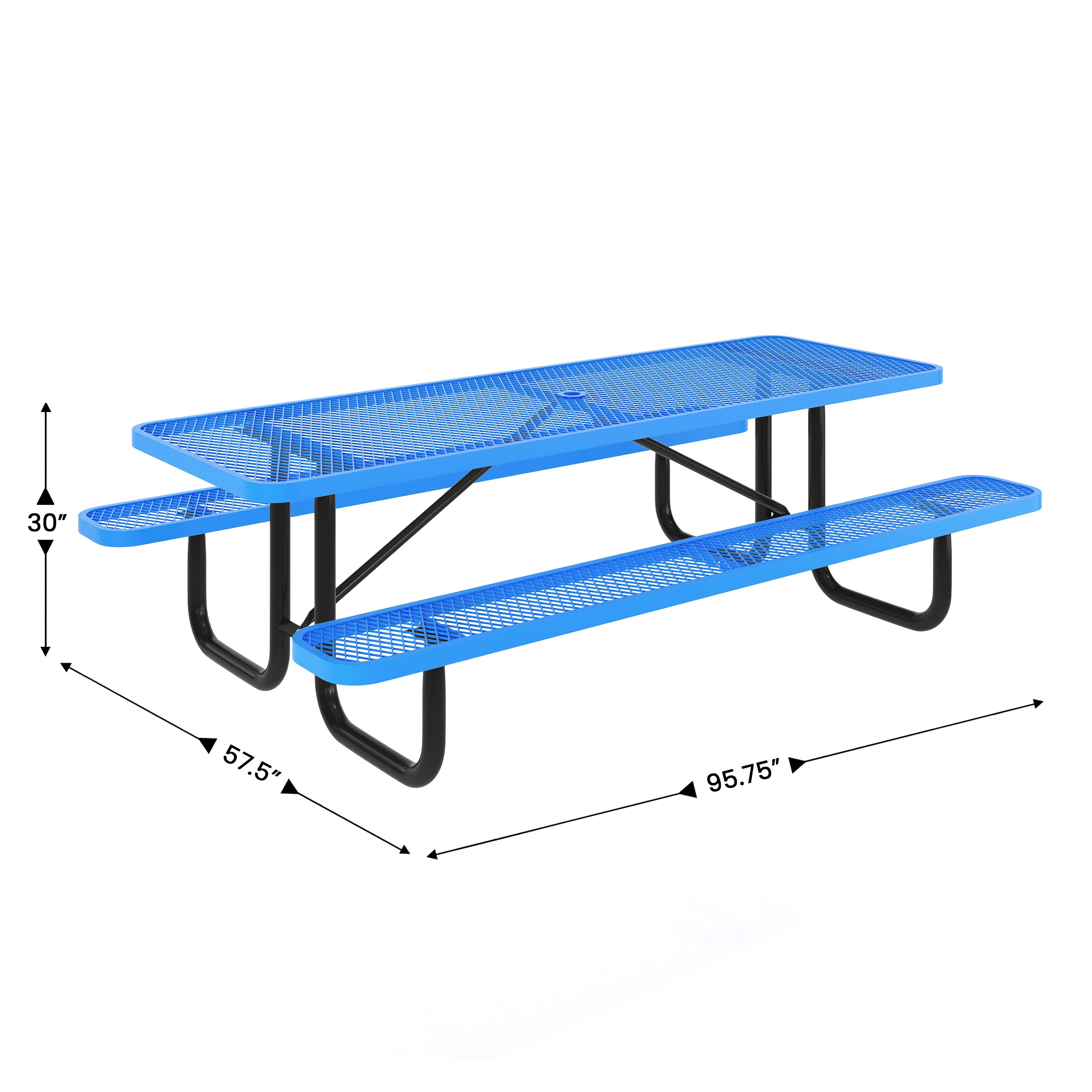 Mantilla 8' Rectangular Outdoor Picnic Table with Commercial Heavy Gauge Expanded Metal Mesh Top and Seats and Steel Frame with Ground Anchors in Blue