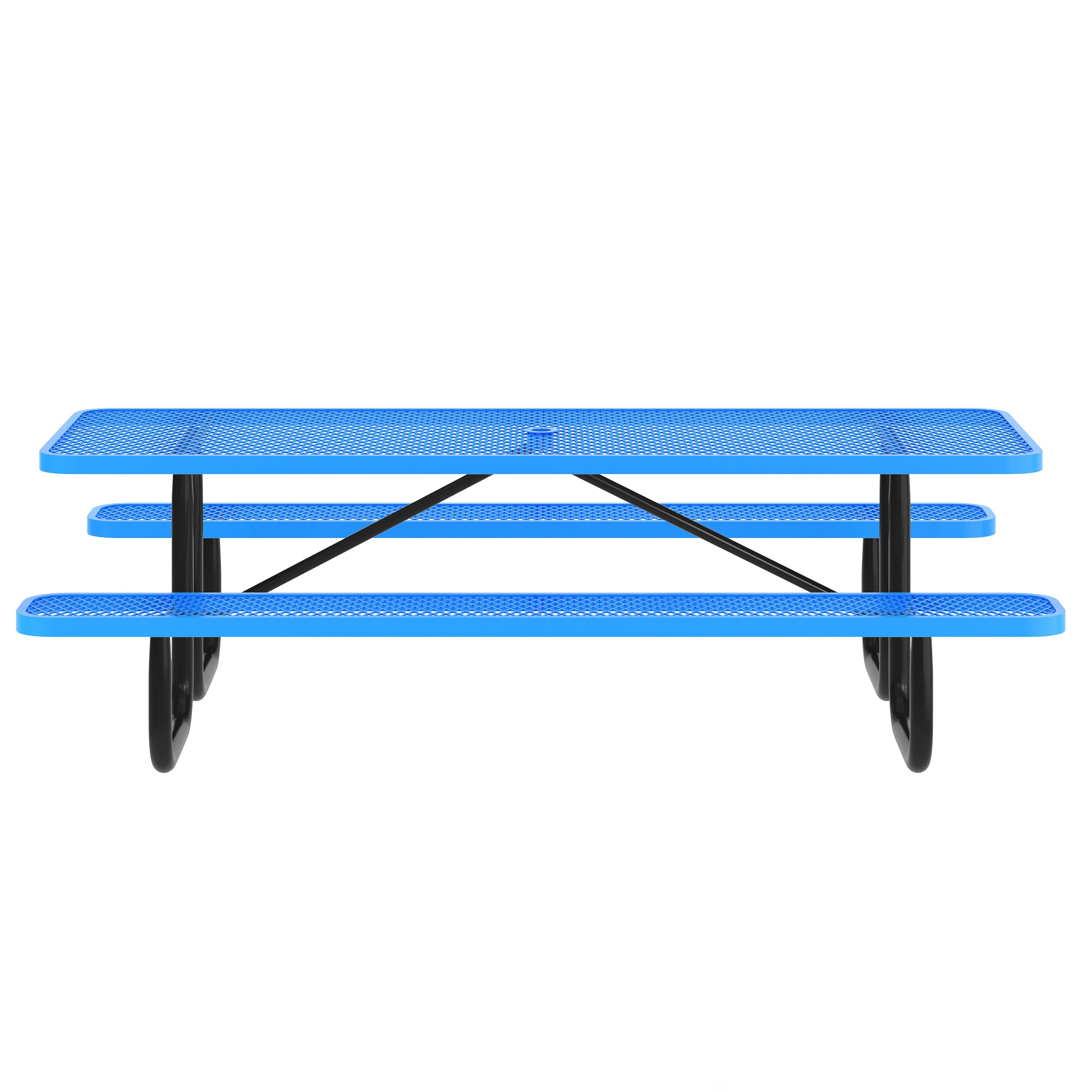 Mantilla 8' Rectangular Outdoor Picnic Table with Commercial Heavy Gauge Expanded Metal Mesh Top and Seats and Steel Frame with Ground Anchors in Blue