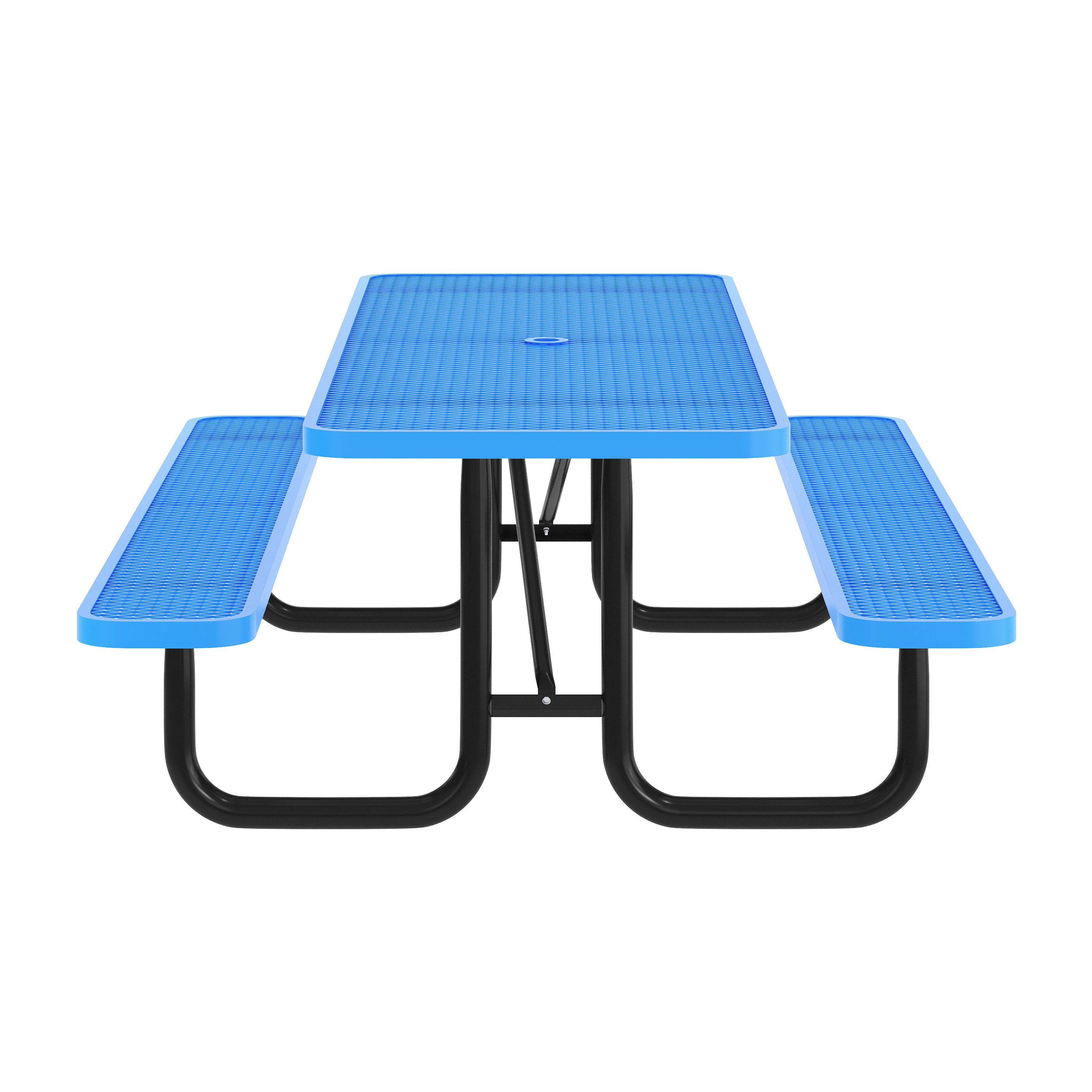 Mantilla 8' Rectangular Outdoor Picnic Table with Commercial Heavy Gauge Expanded Metal Mesh Top and Seats and Steel Frame with Ground Anchors in Blue