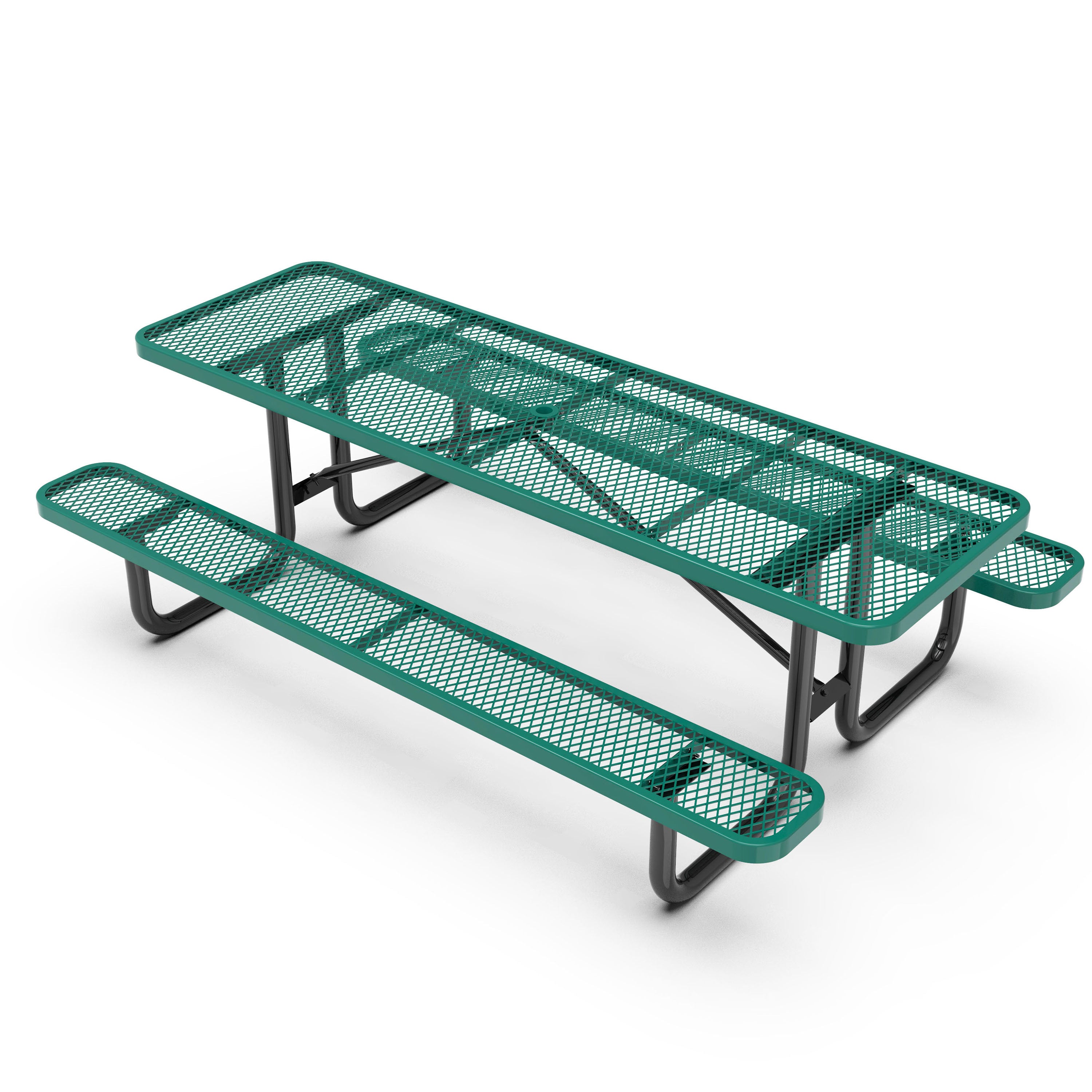 Mantilla 8' Rectangular Outdoor Picnic Table with Commercial Heavy Gauge Green Expanded Metal Mesh Top and Seats and Black Steel Frame with Anchors