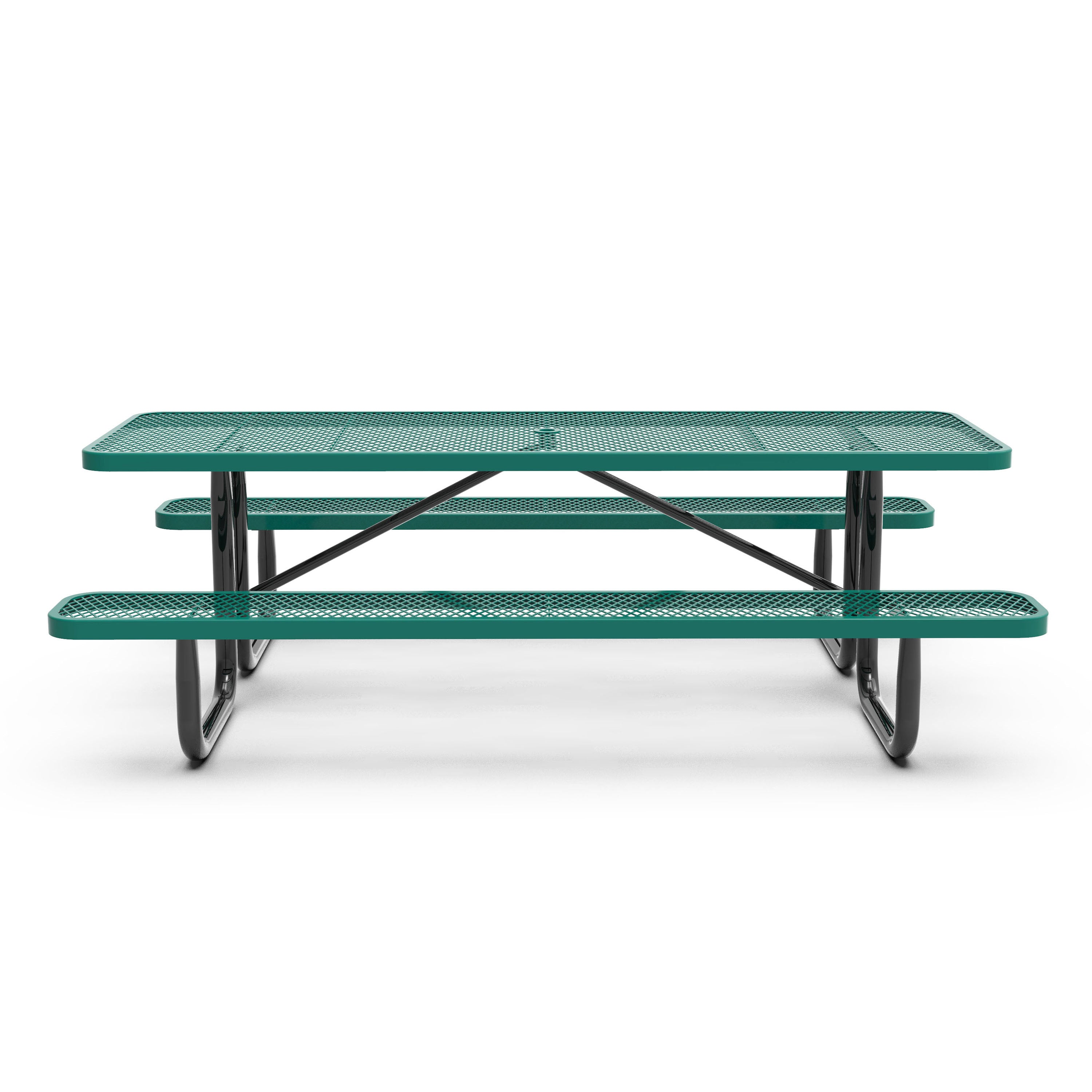 Mantilla 8' Rectangular Outdoor Picnic Table with Commercial Heavy Gauge Green Expanded Metal Mesh Top and Seats and Black Steel Frame with Anchors