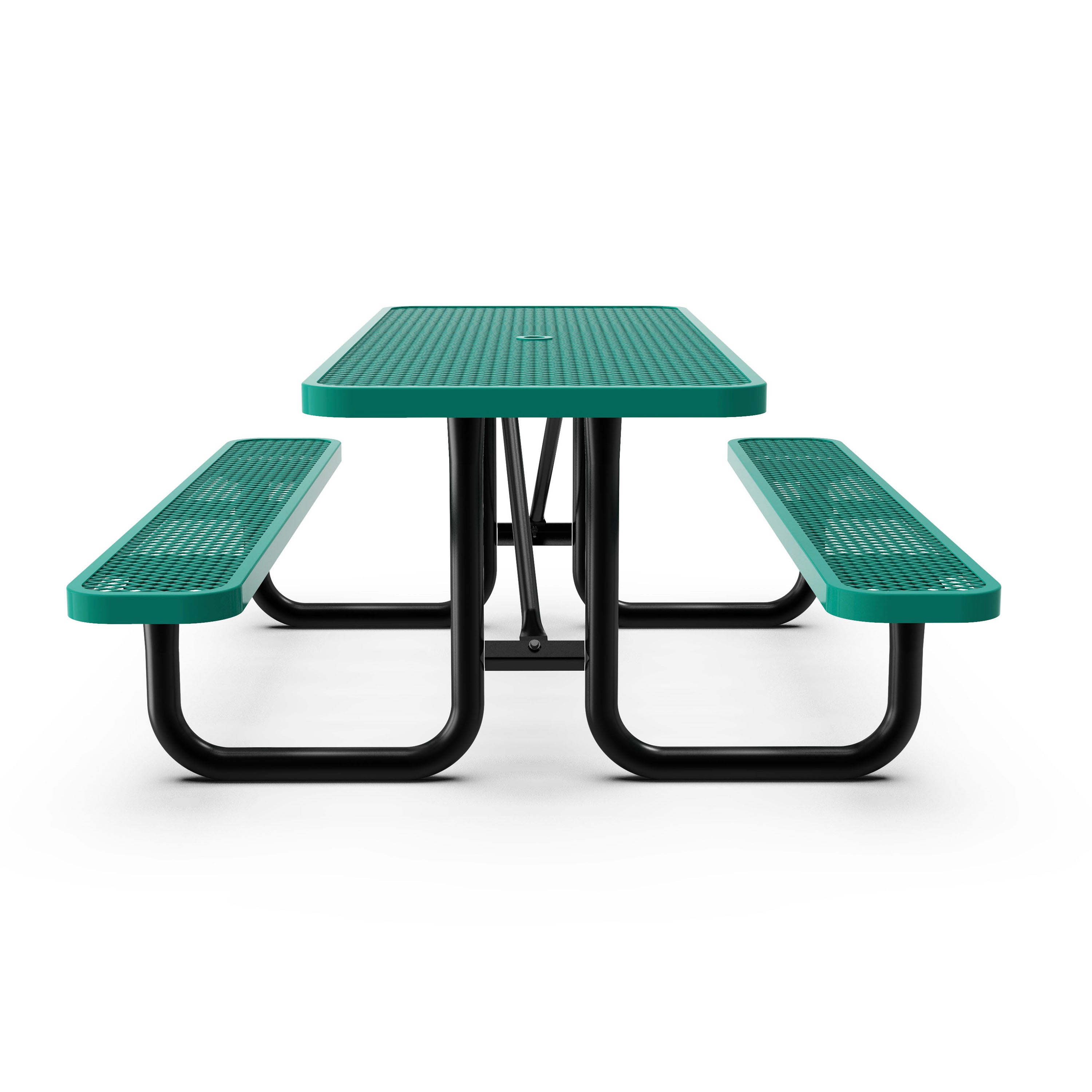 Mantilla 8' Rectangular Outdoor Picnic Table with Commercial Heavy Gauge Green Expanded Metal Mesh Top and Seats and Black Steel Frame with Anchors