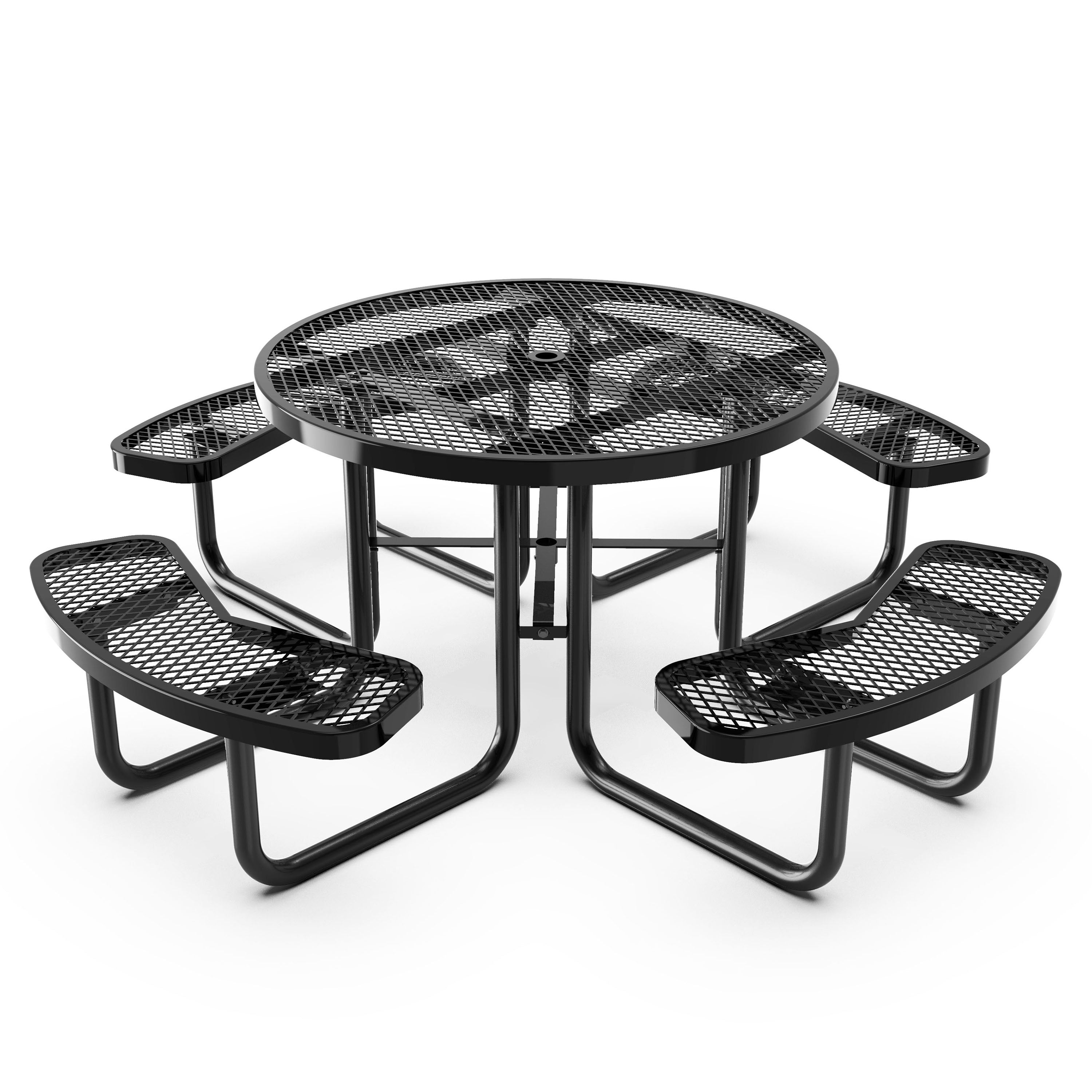 Creekside 46" Round Outdoor Picnic Table with Commercial Heavy Gauge Expanded Metal Mesh Seats and Top with Umbrella Hole, Steel Frame