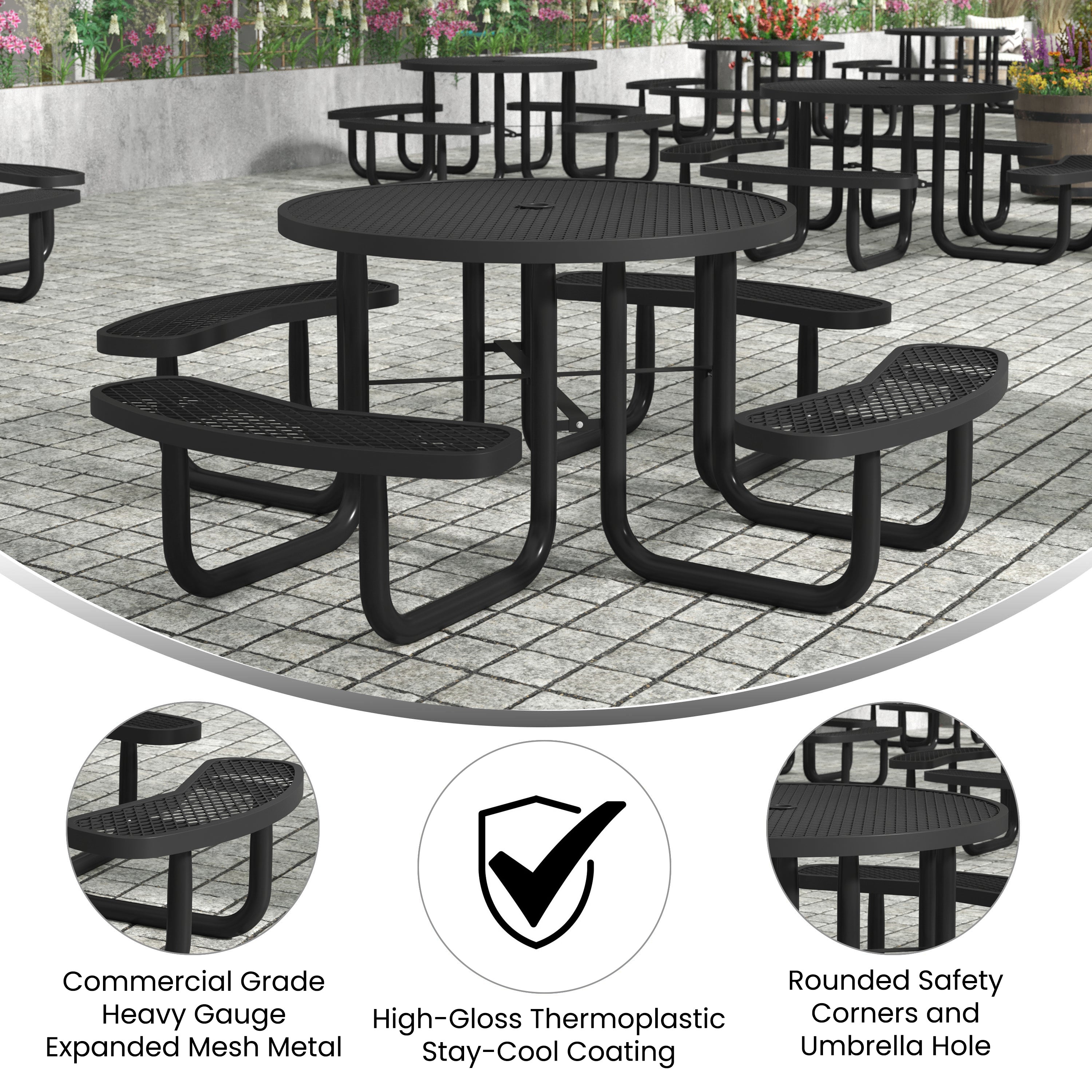 Creekside 46" Round Outdoor Picnic Table with Commercial Heavy Gauge Expanded Metal Mesh Seats and Top with Umbrella Hole, Steel Frame