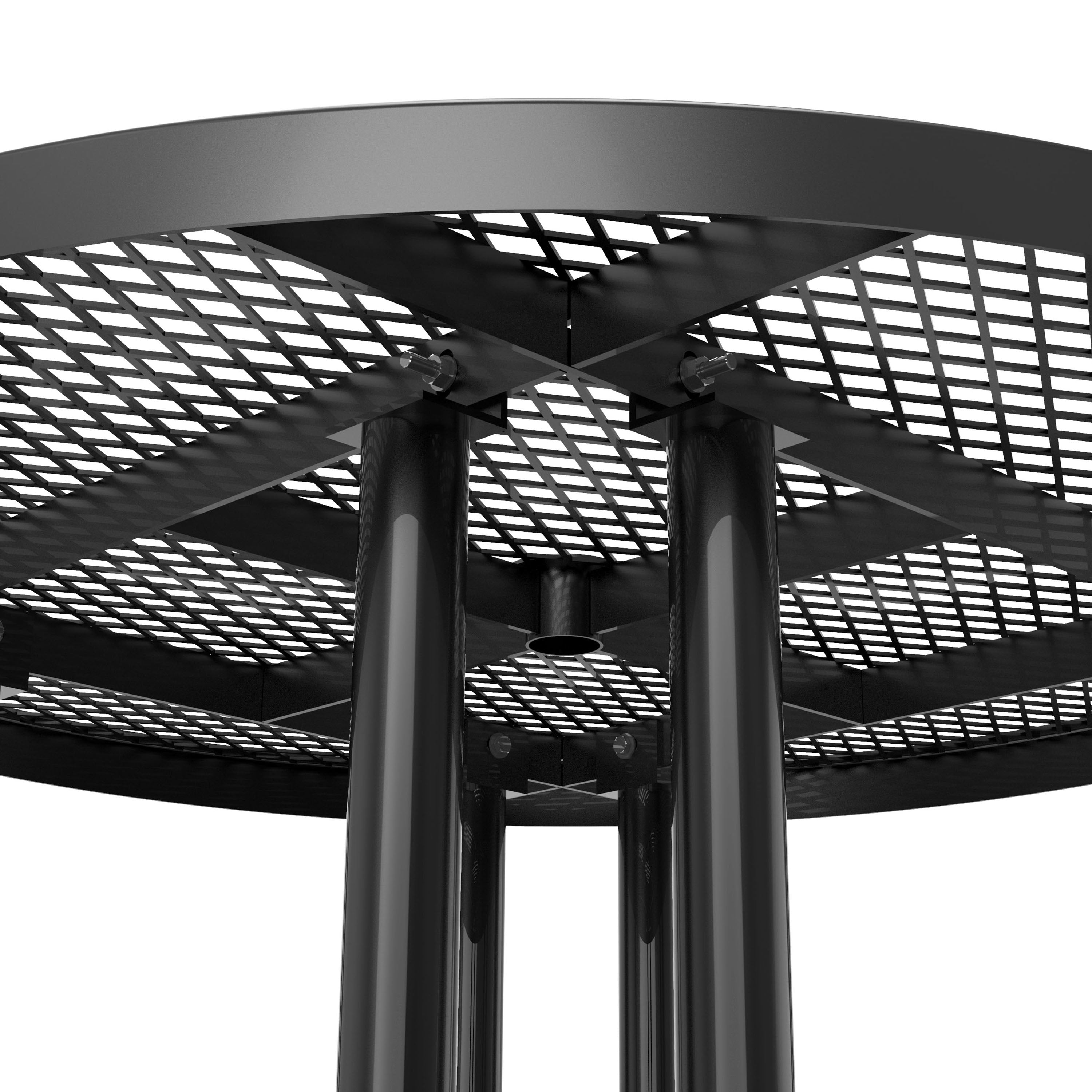 Creekside 46" Round Outdoor Picnic Table with Commercial Heavy Gauge Expanded Metal Mesh Seats and Top with Umbrella Hole, Steel Frame