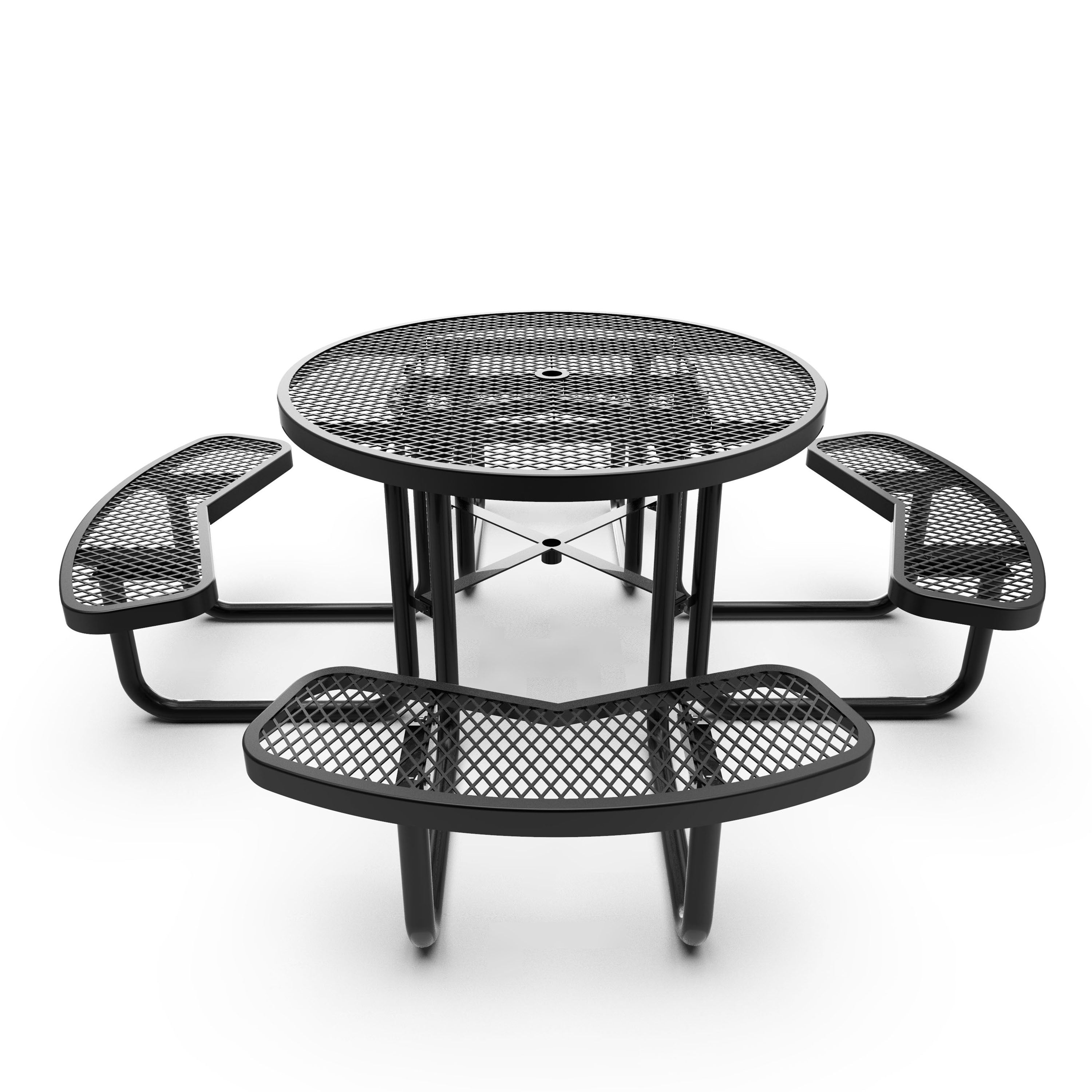Creekside 46" Round Outdoor Picnic Table with Commercial Heavy Gauge Expanded Metal Mesh Seats and Top with Umbrella Hole, Steel Frame