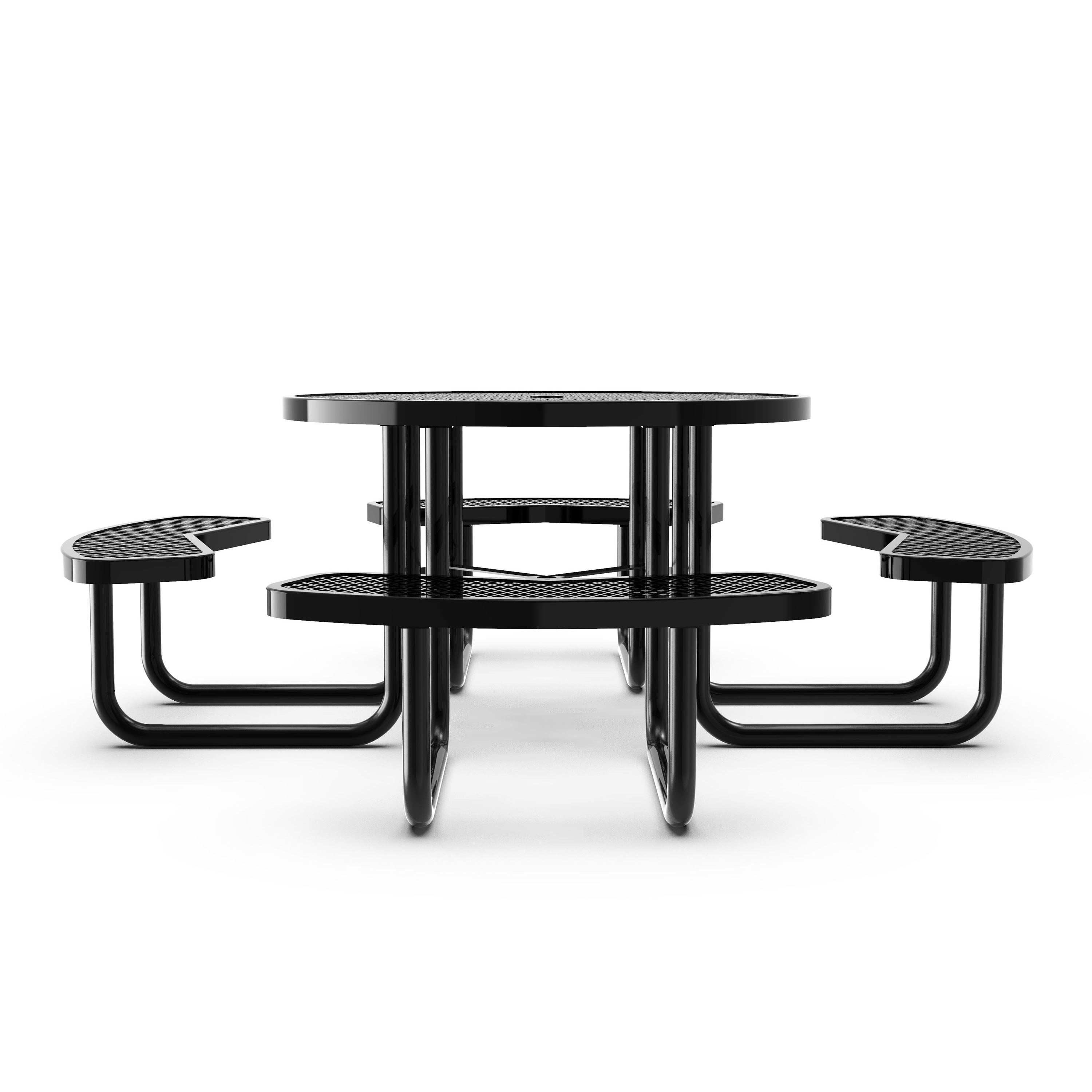 Creekside 46" Round Outdoor Picnic Table with Commercial Heavy Gauge Expanded Metal Mesh Seats and Top with Umbrella Hole, Steel Frame