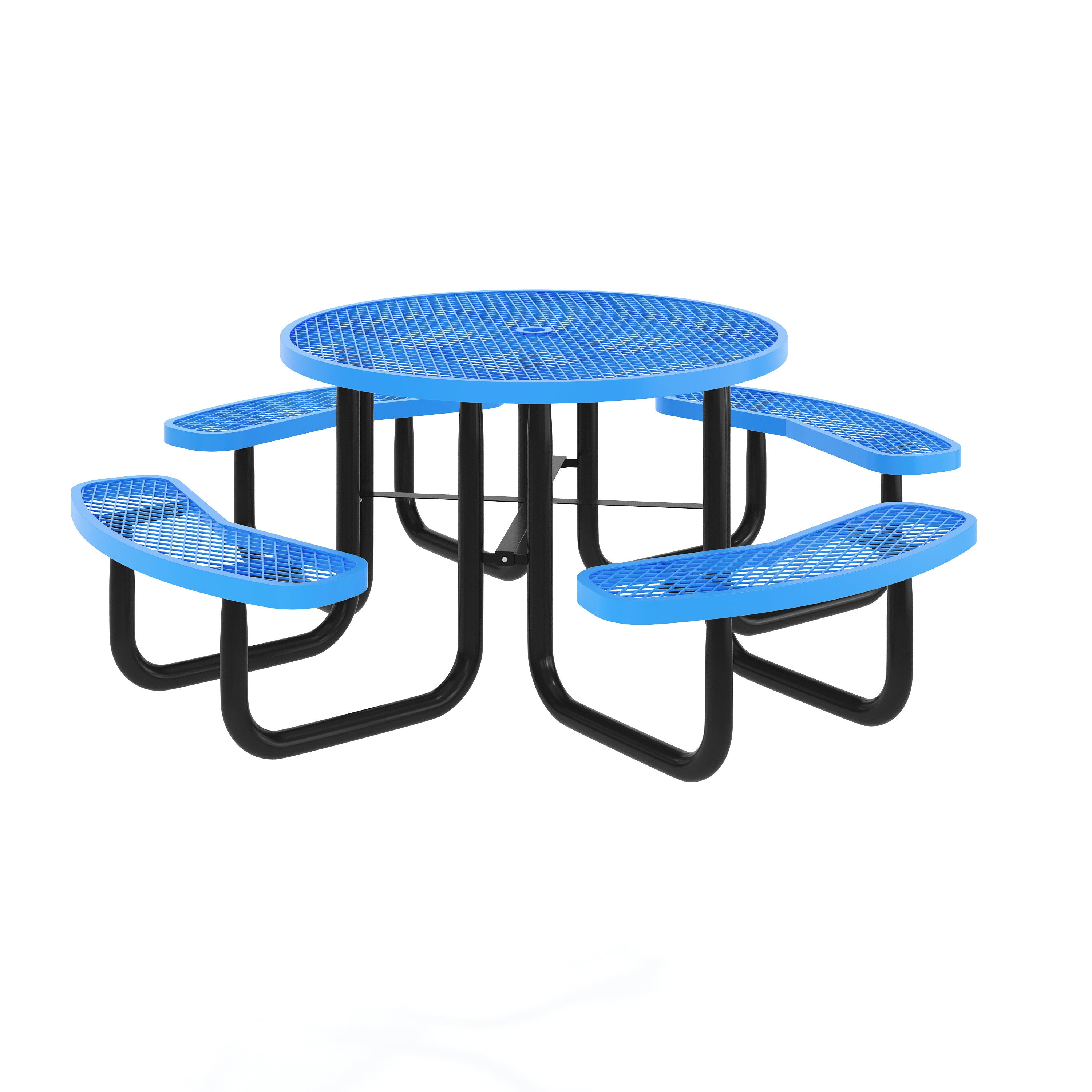 Creekside 46" Round Outdoor Picnic Table with Commercial Heavy Gauge Expanded Metal Mesh Seats and Top with Umbrella Hole, Steel Frame, Blue