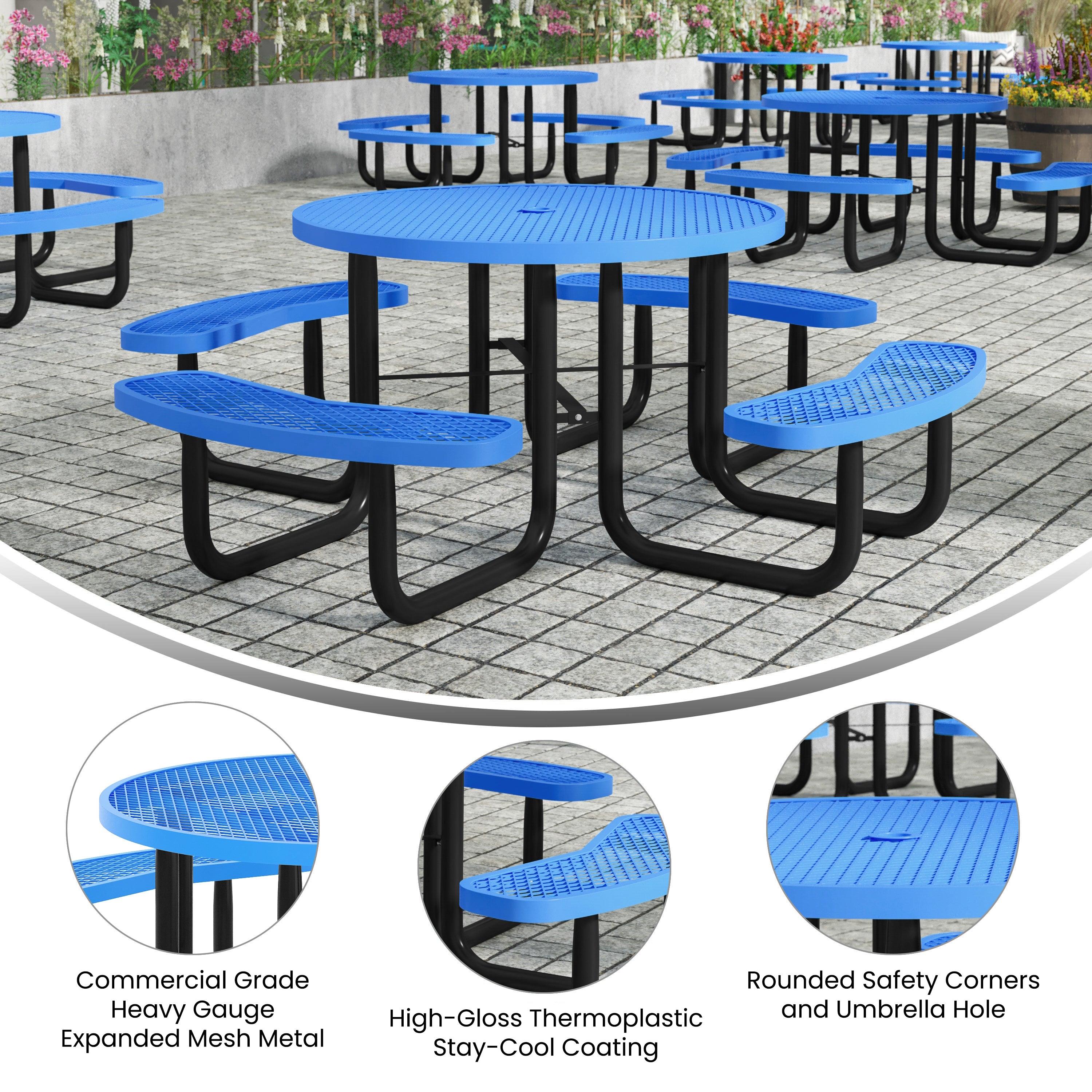 Creekside 46" Round Outdoor Picnic Table with Commercial Heavy Gauge Expanded Metal Mesh Seats and Top with Umbrella Hole, Steel Frame, Blue