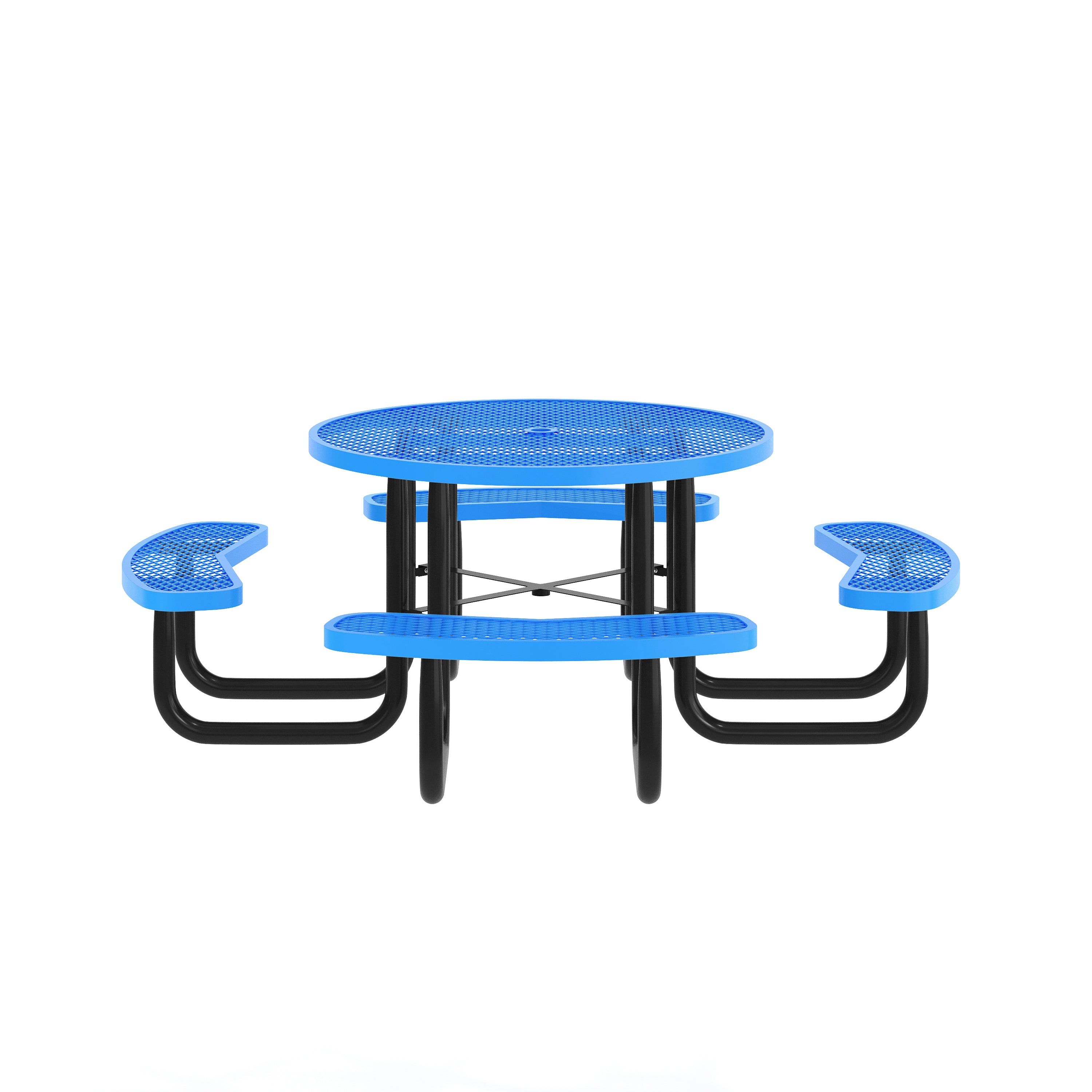 Creekside 46" Round Outdoor Picnic Table with Commercial Heavy Gauge Expanded Metal Mesh Seats and Top with Umbrella Hole, Steel Frame, Blue