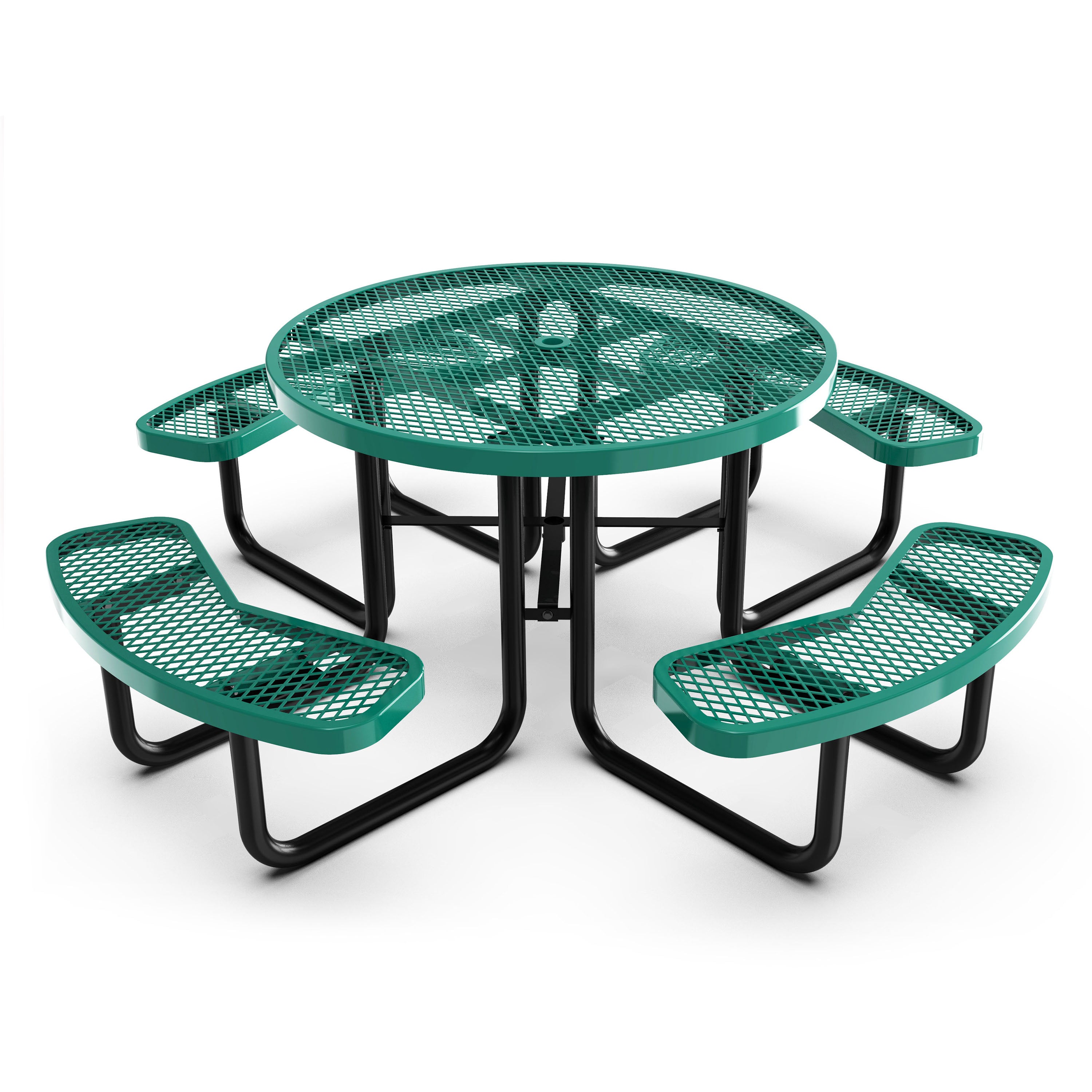 Creekside 46" Round Outdoor Picnic Table with Commercial Grade Heavy Gauge Green Expanded Metal Mesh Top and Seats and Black Steel Frame