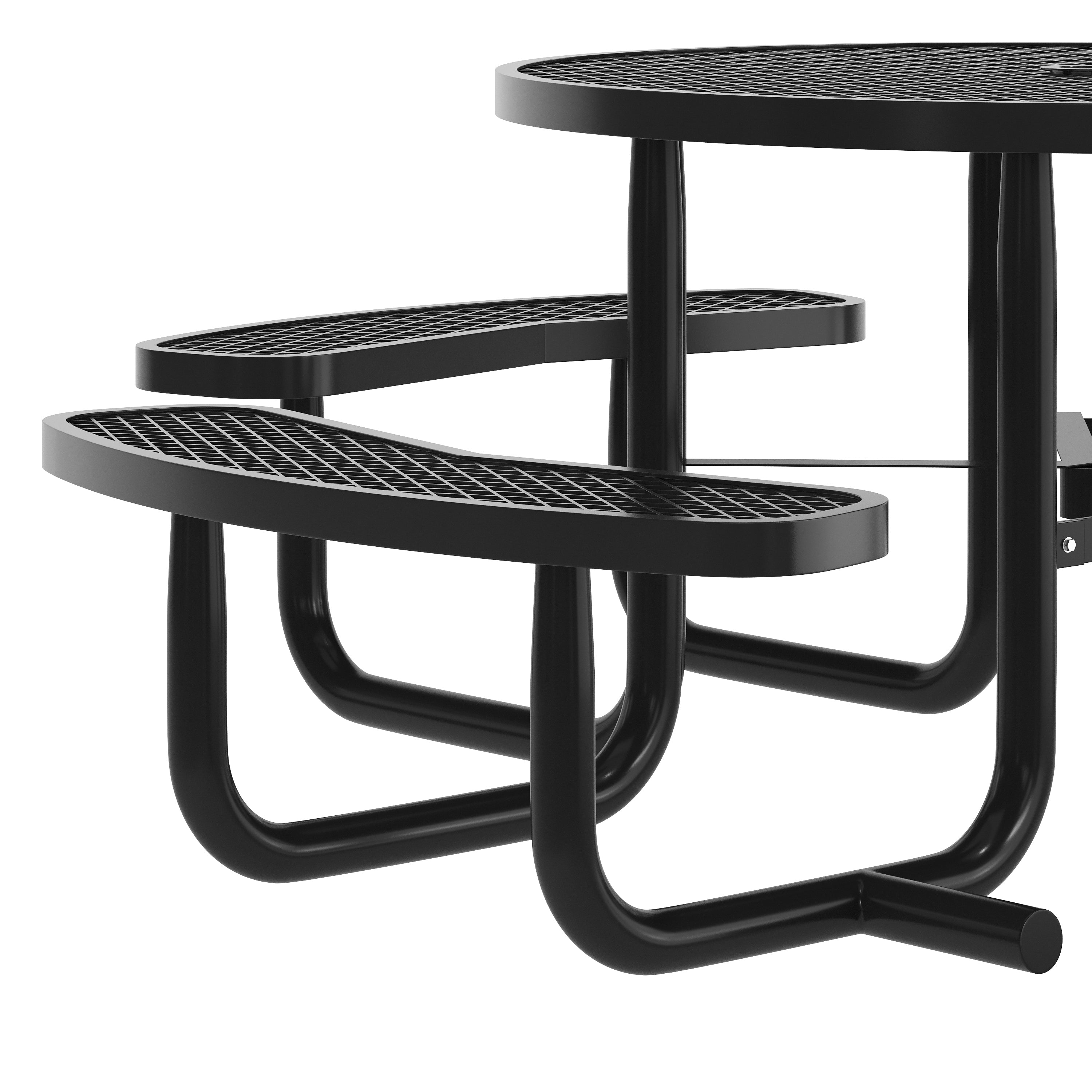 Creekside 46" Round Wheelchair Accessible Commercial Outdoor Picnic Table with Heavy Gauge Expanded Metal Mesh Seats and Top with Umbrella Hole, Black