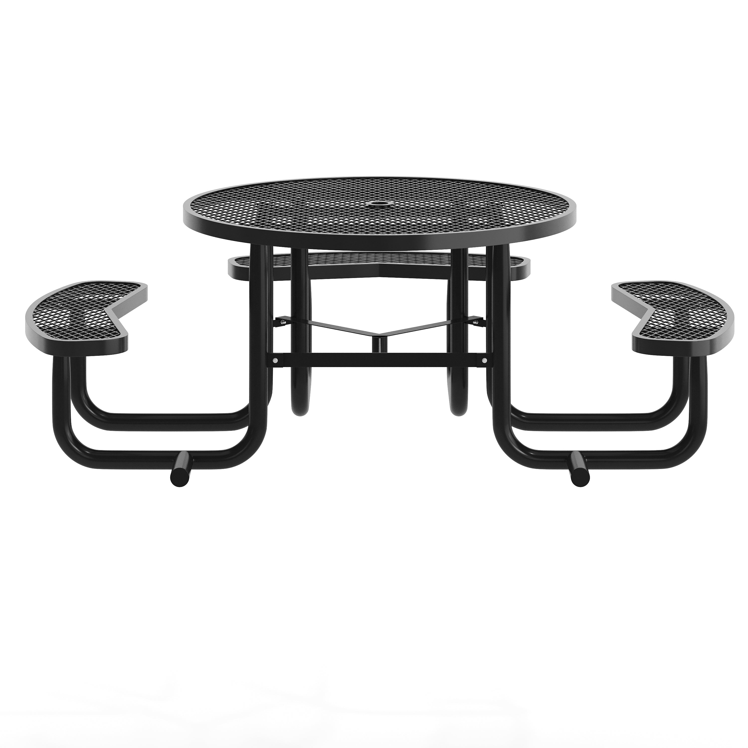 Creekside 46" Round Wheelchair Accessible Commercial Outdoor Picnic Table with Heavy Gauge Expanded Metal Mesh Seats and Top with Umbrella Hole, Black
