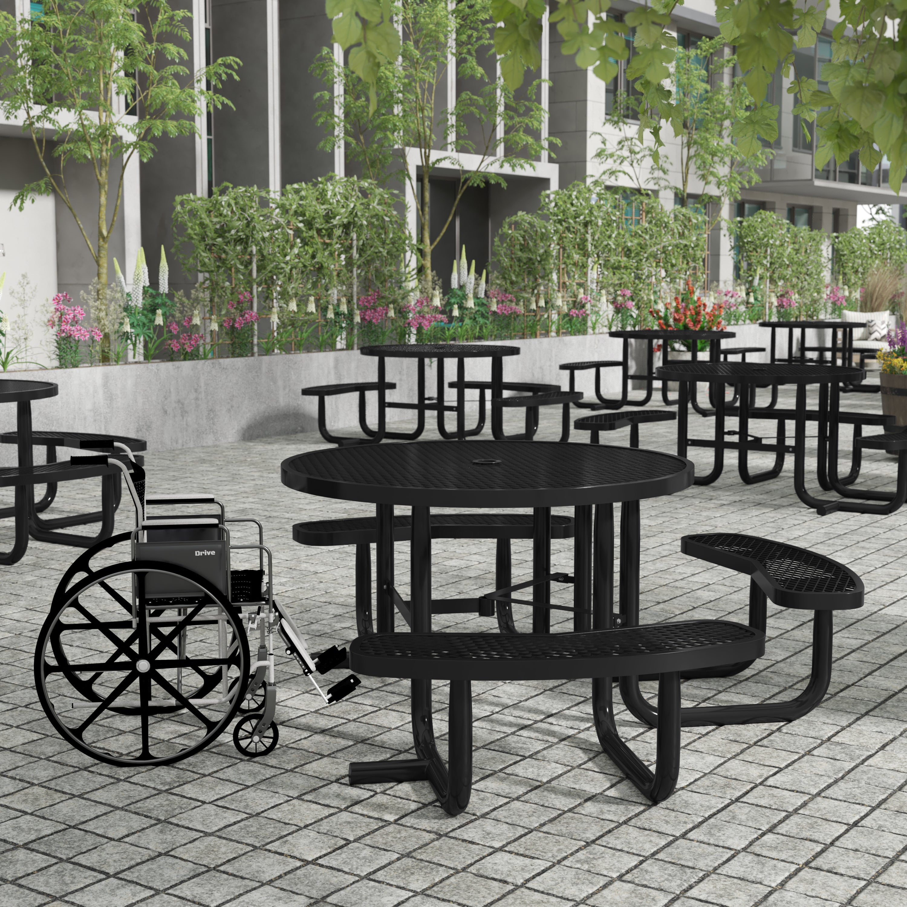 Creekside 46" Round Wheelchair Accessible Commercial Outdoor Picnic Table with Heavy Gauge Expanded Metal Mesh Seats and Top with Umbrella Hole, Black