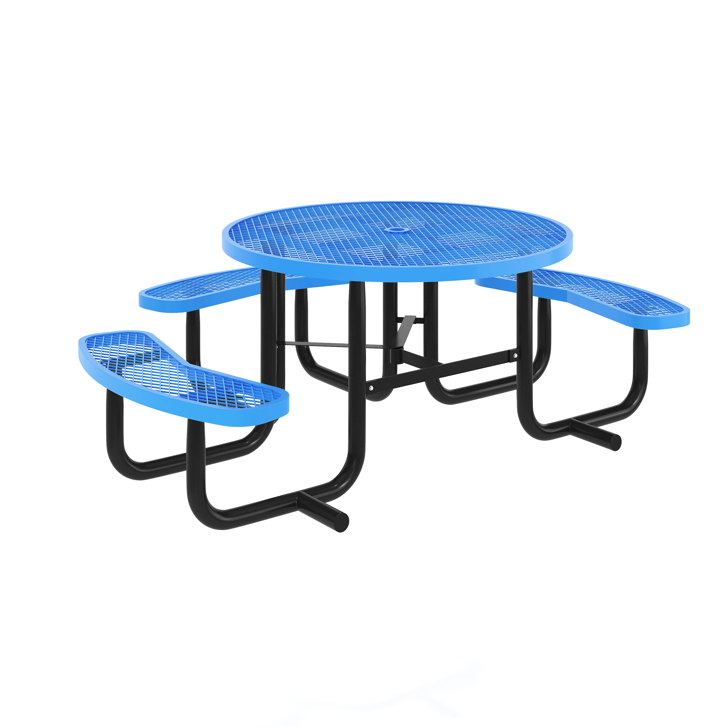 Creekside 46" Round Wheelchair Accessible Commercial Outdoor Picnic Table with Heavy Gauge Expanded Metal Mesh Seats and Top with Umbrella Hole, Blue