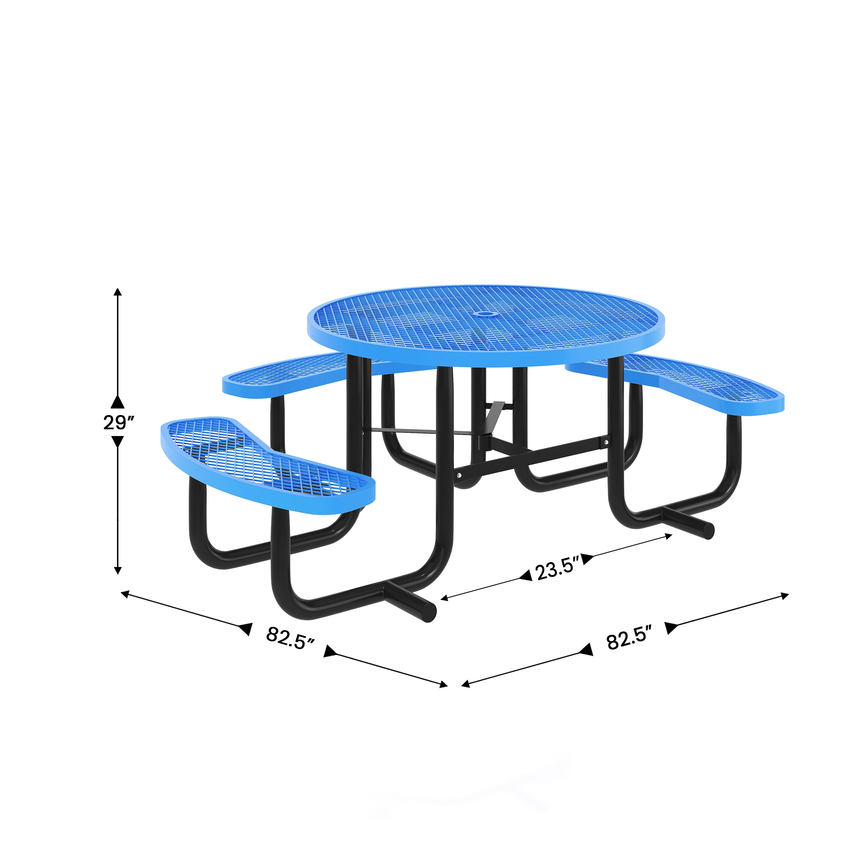 Creekside 46" Round Wheelchair Accessible Commercial Outdoor Picnic Table with Heavy Gauge Expanded Metal Mesh Seats and Top with Umbrella Hole, Blue
